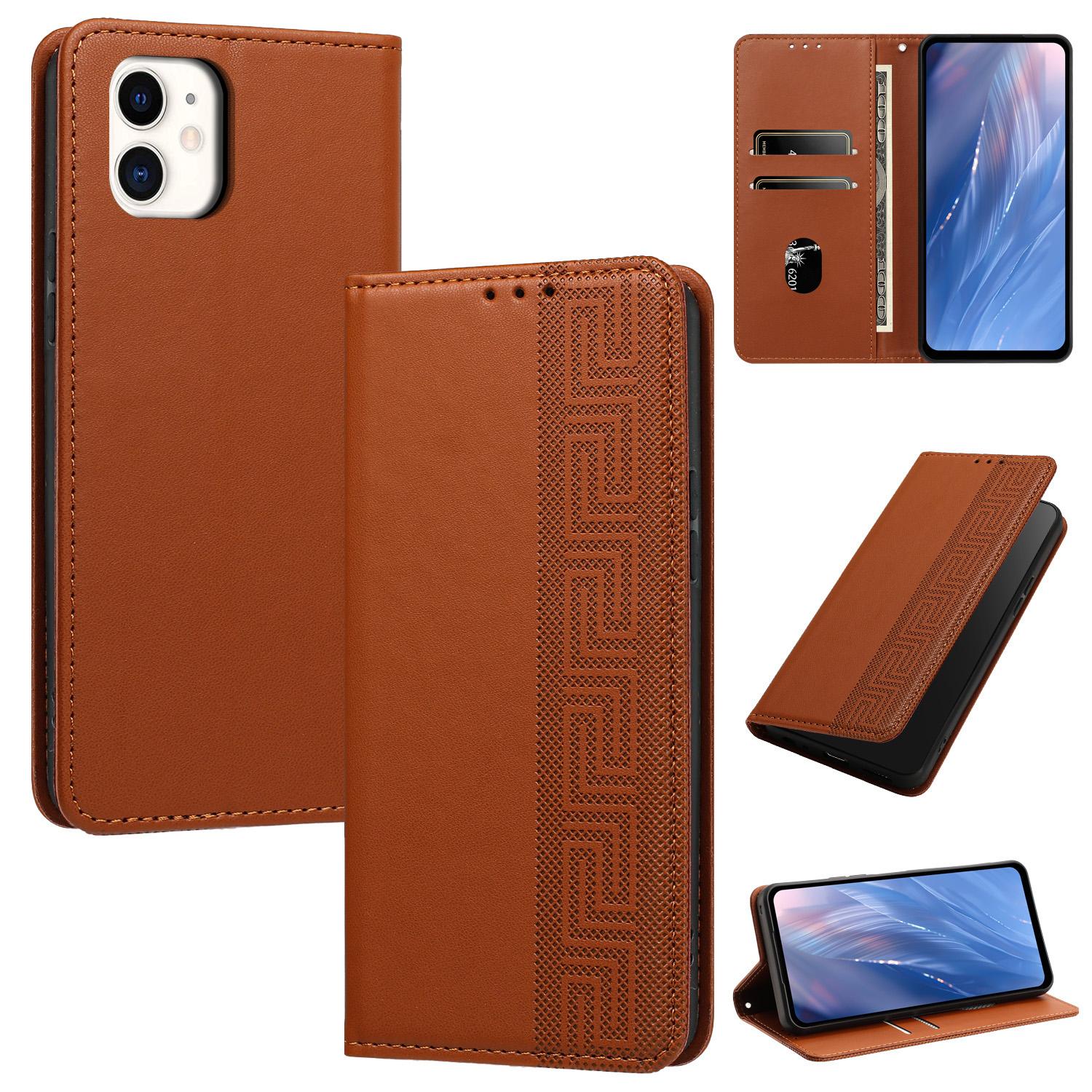 For iPhone 11 Embossed Meander Pattern RFID Vegan Leather Phone Case(Brown) - Shopkiz.com
