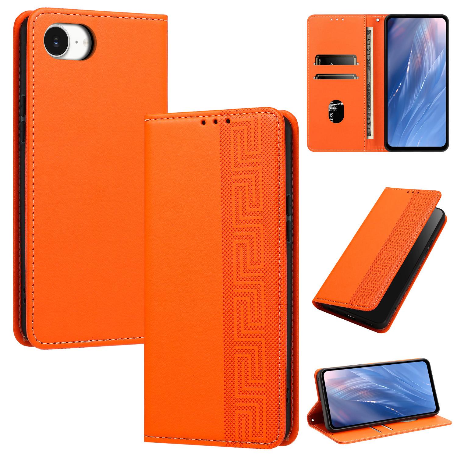 For iPhone 17e / 16e Embossed Meander Pattern RFID Vegan Leather Phone Case(Orange) - Shopkiz.com