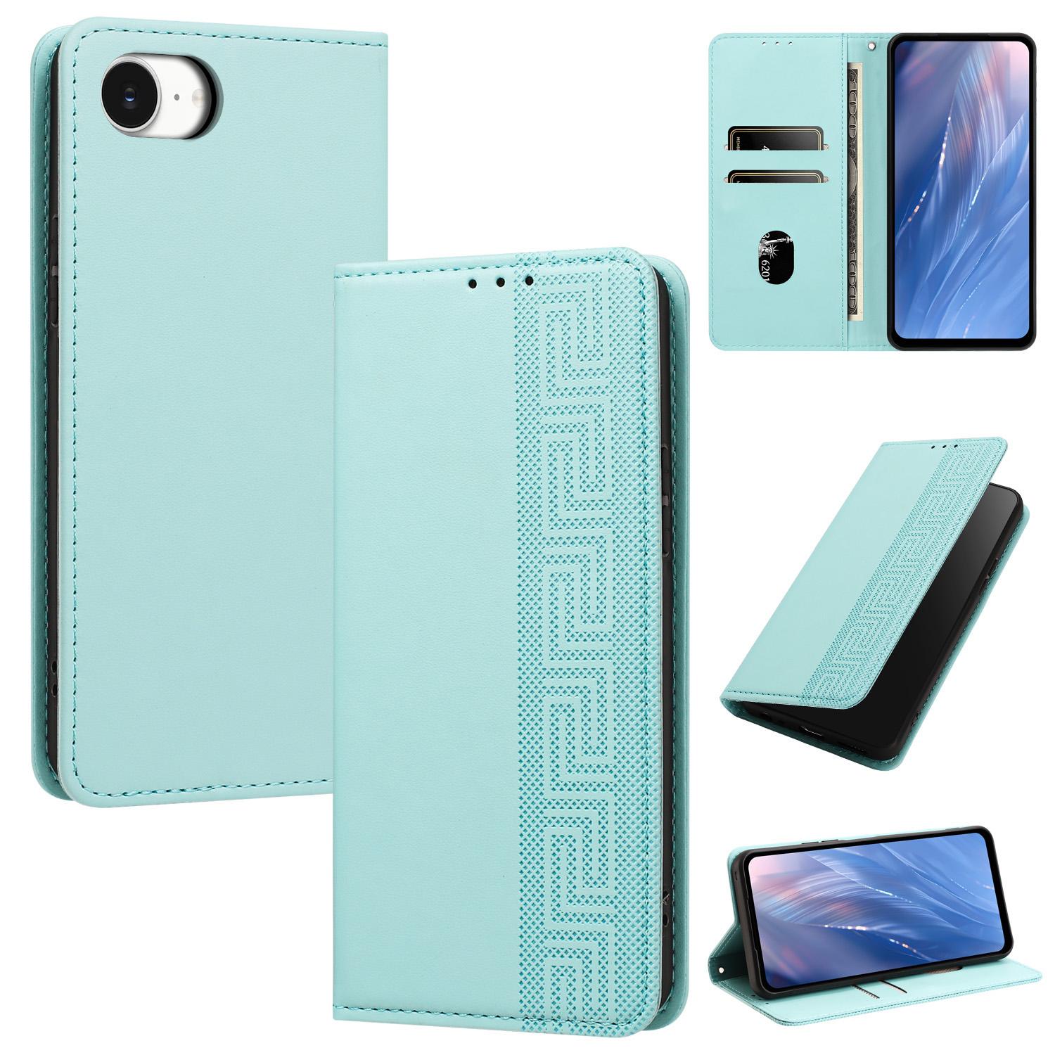 For iPhone 17e / 16e Embossed Meander Pattern RFID Vegan Leather Phone Case(Mint Green) - Shopkiz.com
