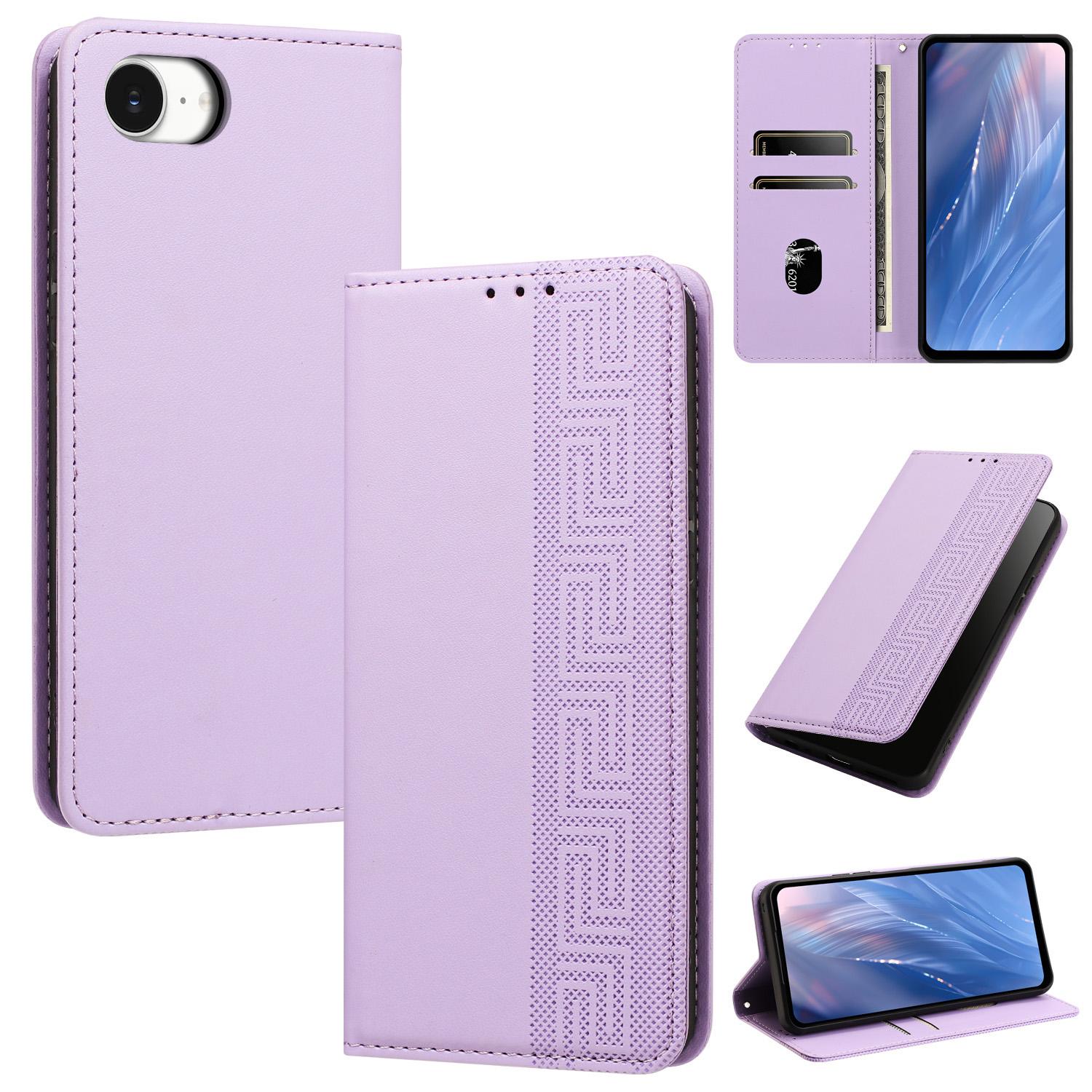 For iPhone 17e / 16e Embossed Meander Pattern RFID Vegan Leather Phone Case(Light Purple) - Shopkiz.com