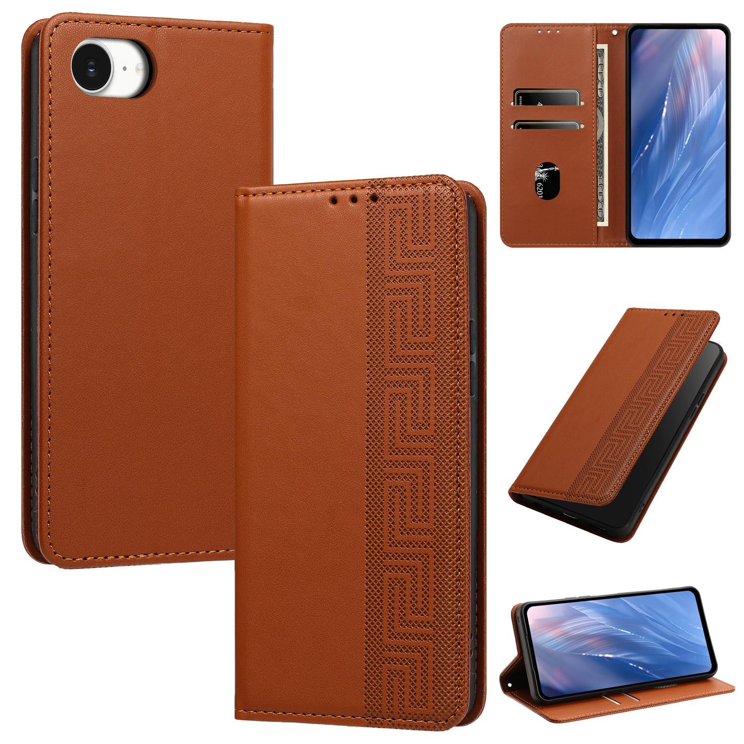 For iPhone 17e / 16e Embossed Meander Pattern RFID Vegan Leather Phone Case(Brown) - Shopkiz.com