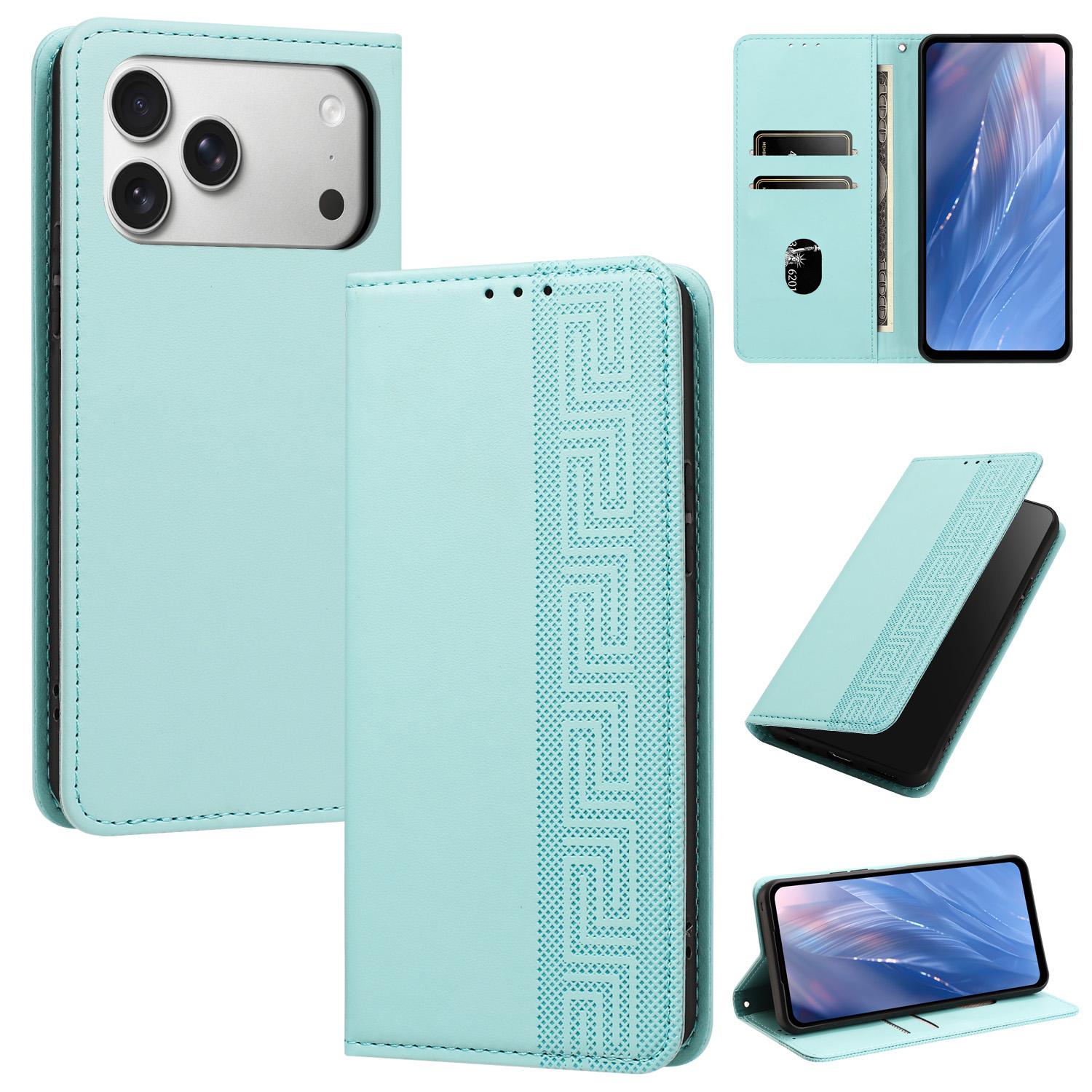 For iPhone 18 Pro Embossed Meander Pattern RFID Vegan Leather Phone Case(Mint Green) - Shopkiz.com