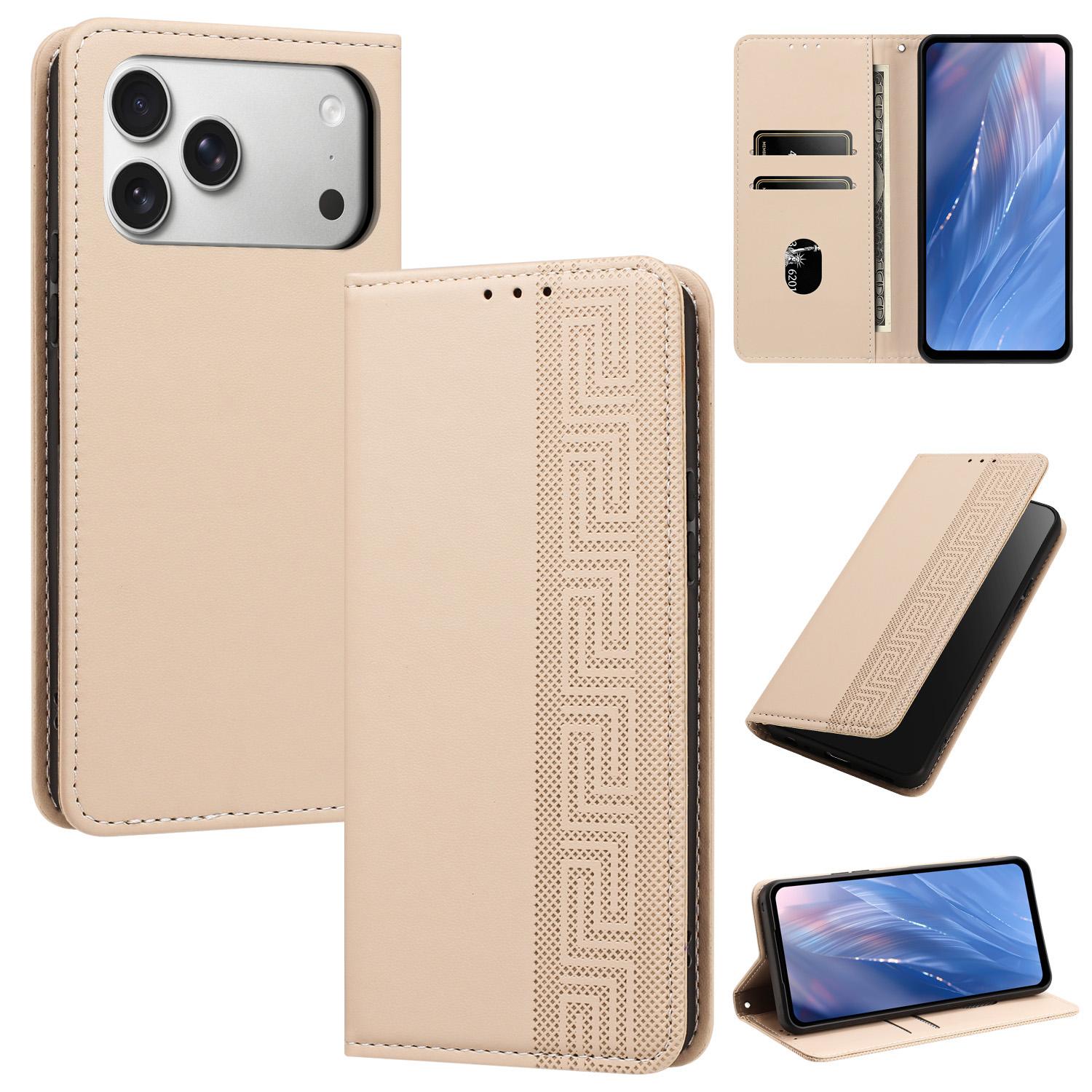 For iPhone 18 Pro Max Embossed Meander Pattern RFID Vegan Leather Phone Case(Beige) - Shopkiz.com