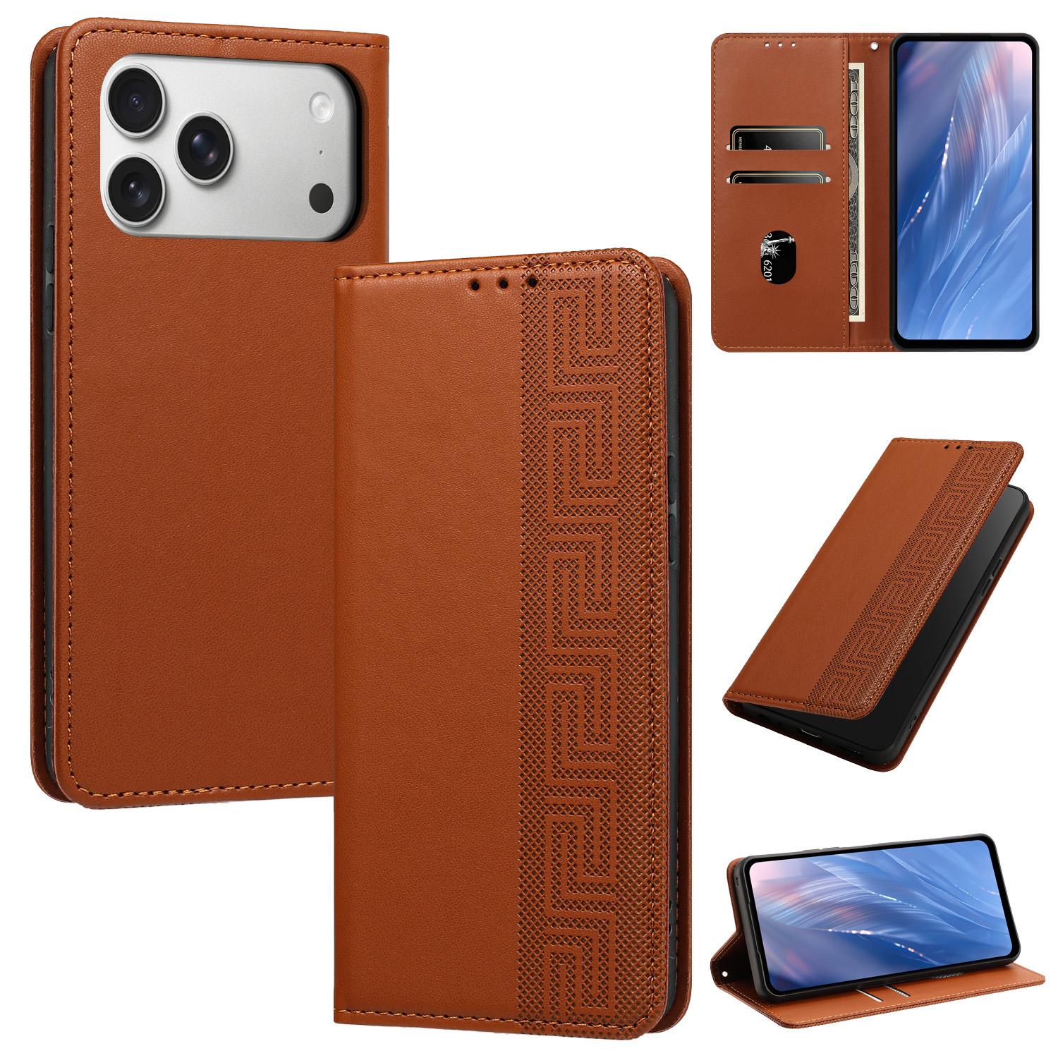 For iPhone 18 Pro Max Embossed Meander Pattern RFID Vegan Leather Phone Case(Brown) - Shopkiz.com