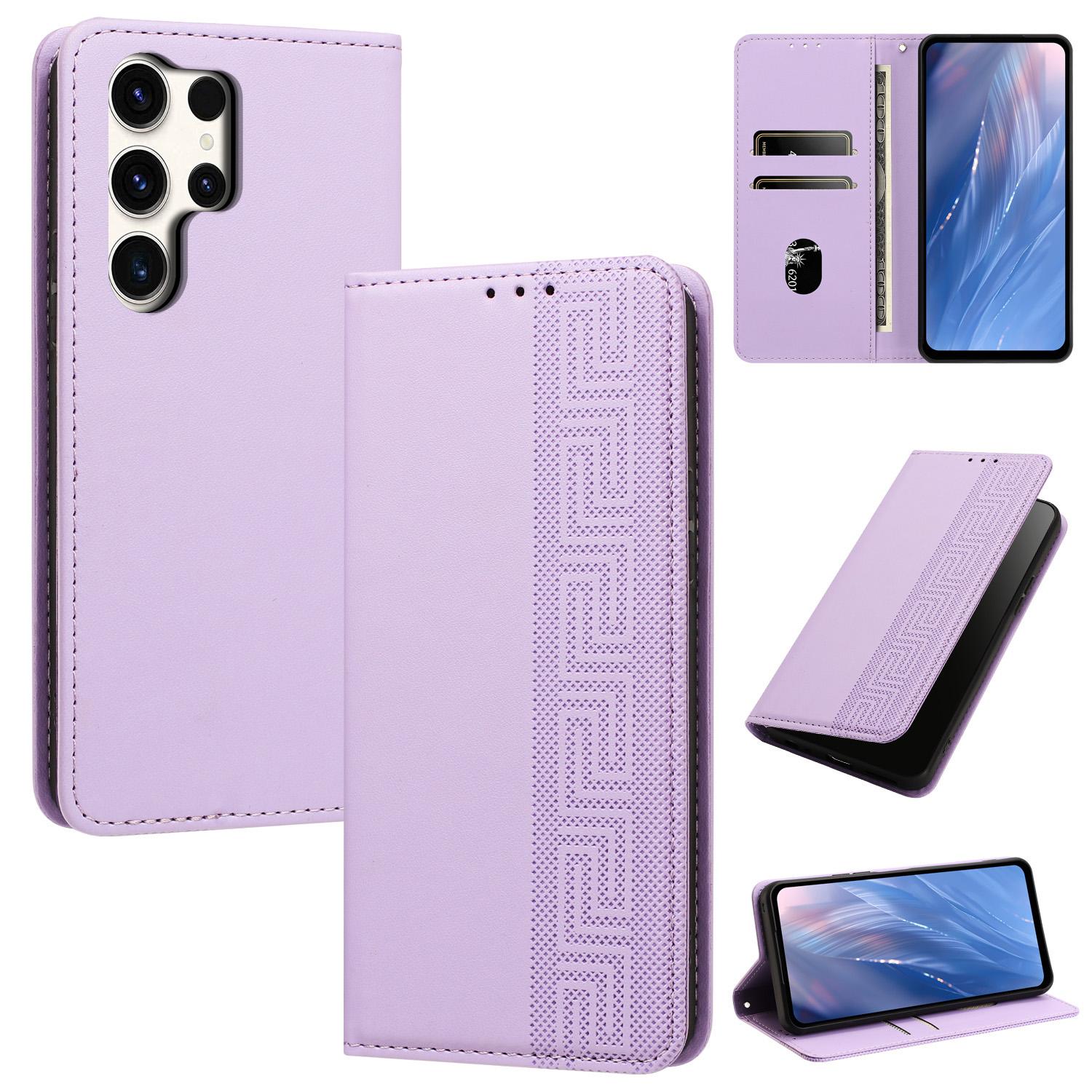 For Galaxy S24 Ultra 5G Embossed Meander Pattern RFID Vegan Leather Phone Case(Light Purple) - Shopkiz.com