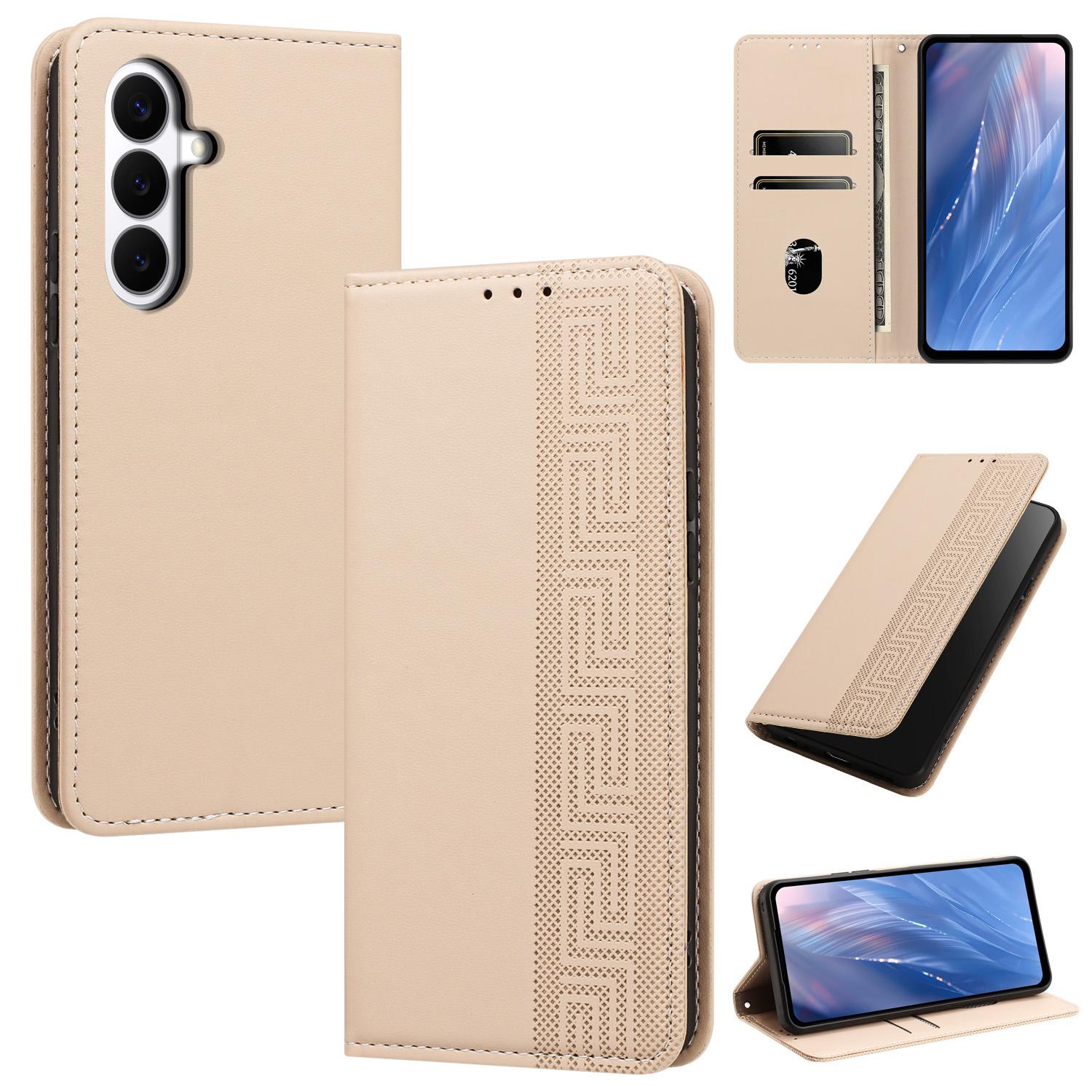 For Galaxy S26 5G Embossed Meander Pattern RFID Vegan Leather Phone Case(Beige) - Shopkiz.com