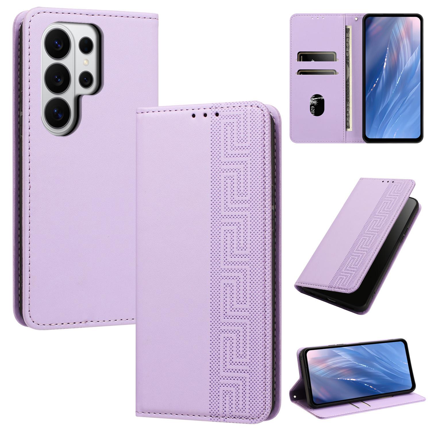 For Galaxy S26 Ultra 5G Embossed Meander Pattern RFID Vegan Leather Phone Case(Light Purple) - Shopkiz.com