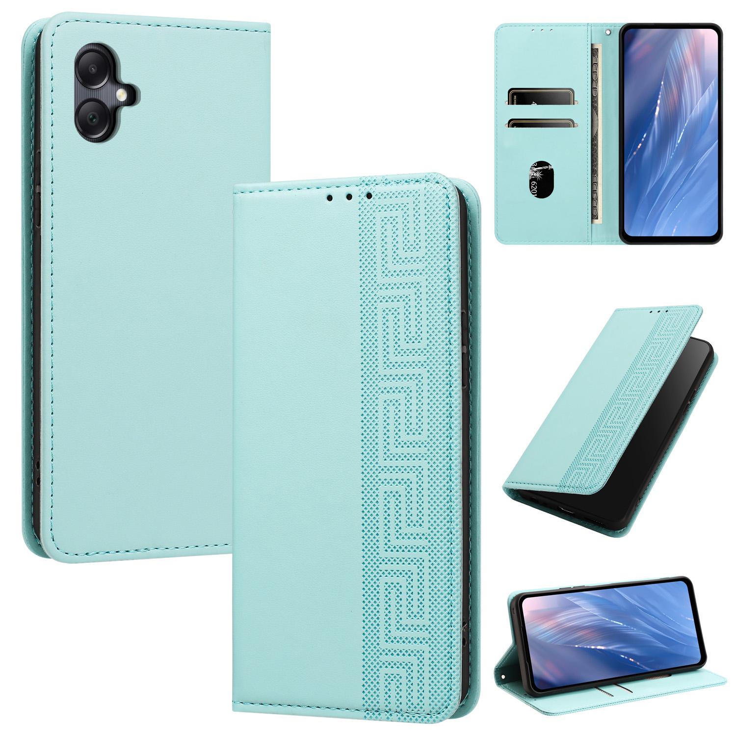 For Galaxy A05 4G Embossed Meander Pattern RFID Vegan Leather Phone Case(Mint Green) - Shopkiz.com