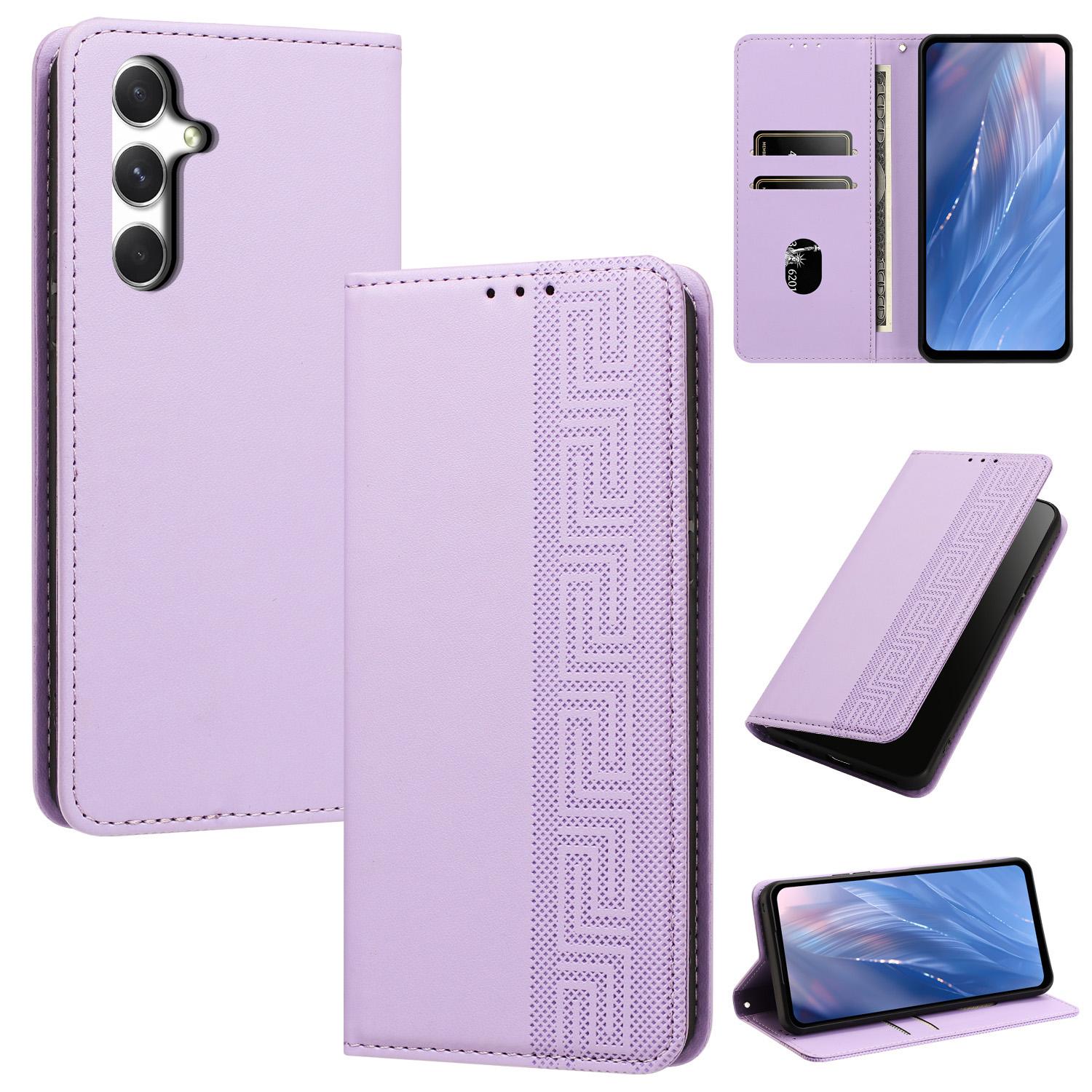 For Galaxy A14 5G / 4G Embossed Meander Pattern RFID Vegan Leather Phone Case(Light Purple) - Shopkiz.com