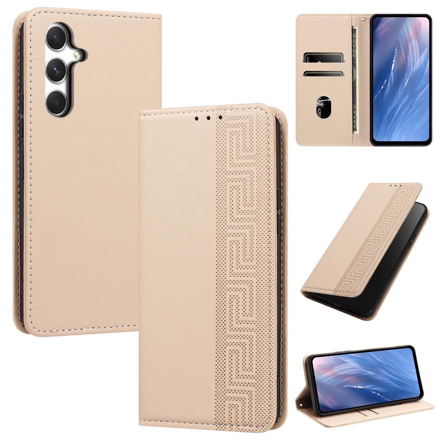 For Galaxy A24 4G Embossed Meander Pattern RFID Vegan Leather Phone Case(Beige) - Shopkiz.com