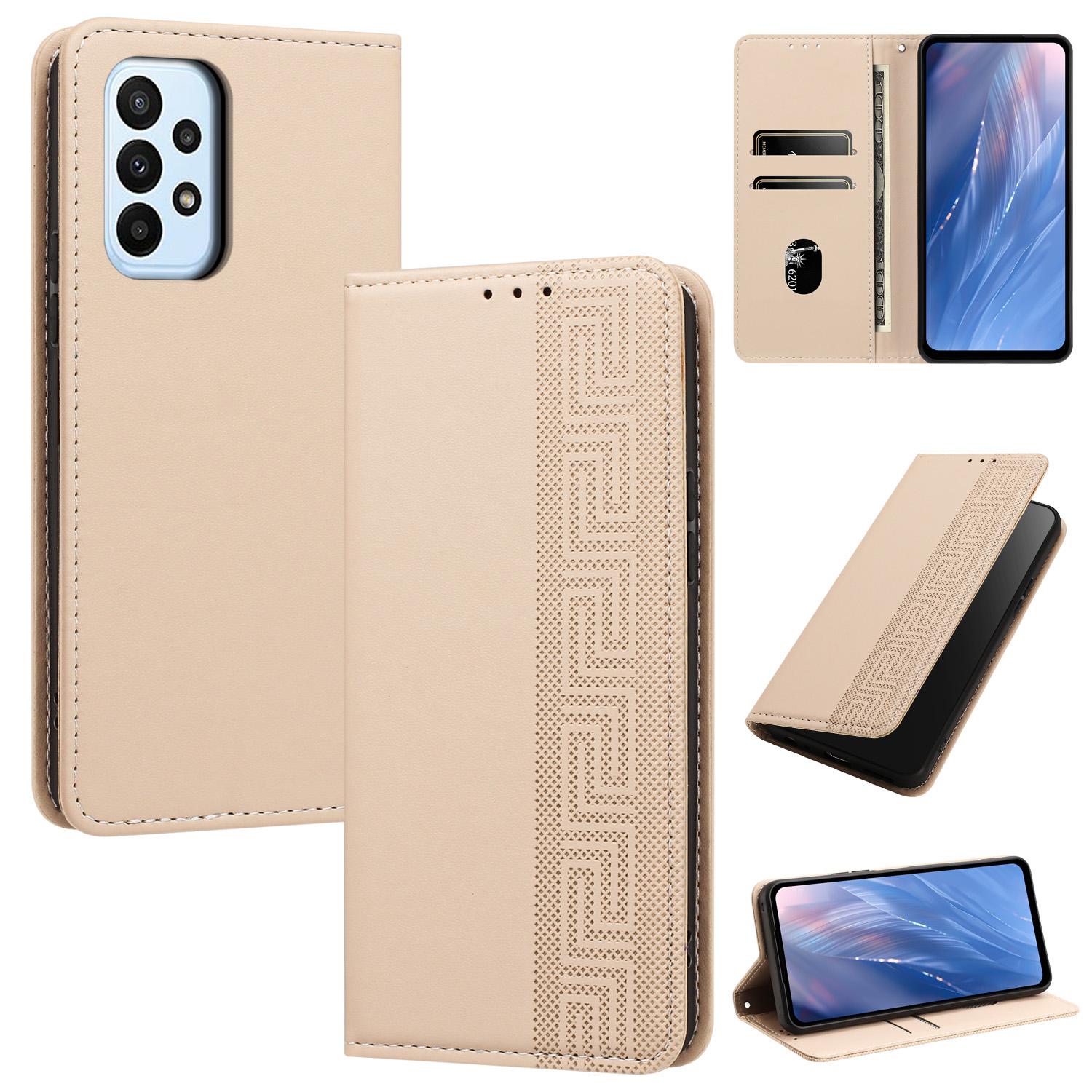 For Galaxy A33 5G Embossed Meander Pattern RFID Vegan Leather Phone Case(Beige) - Shopkiz.com