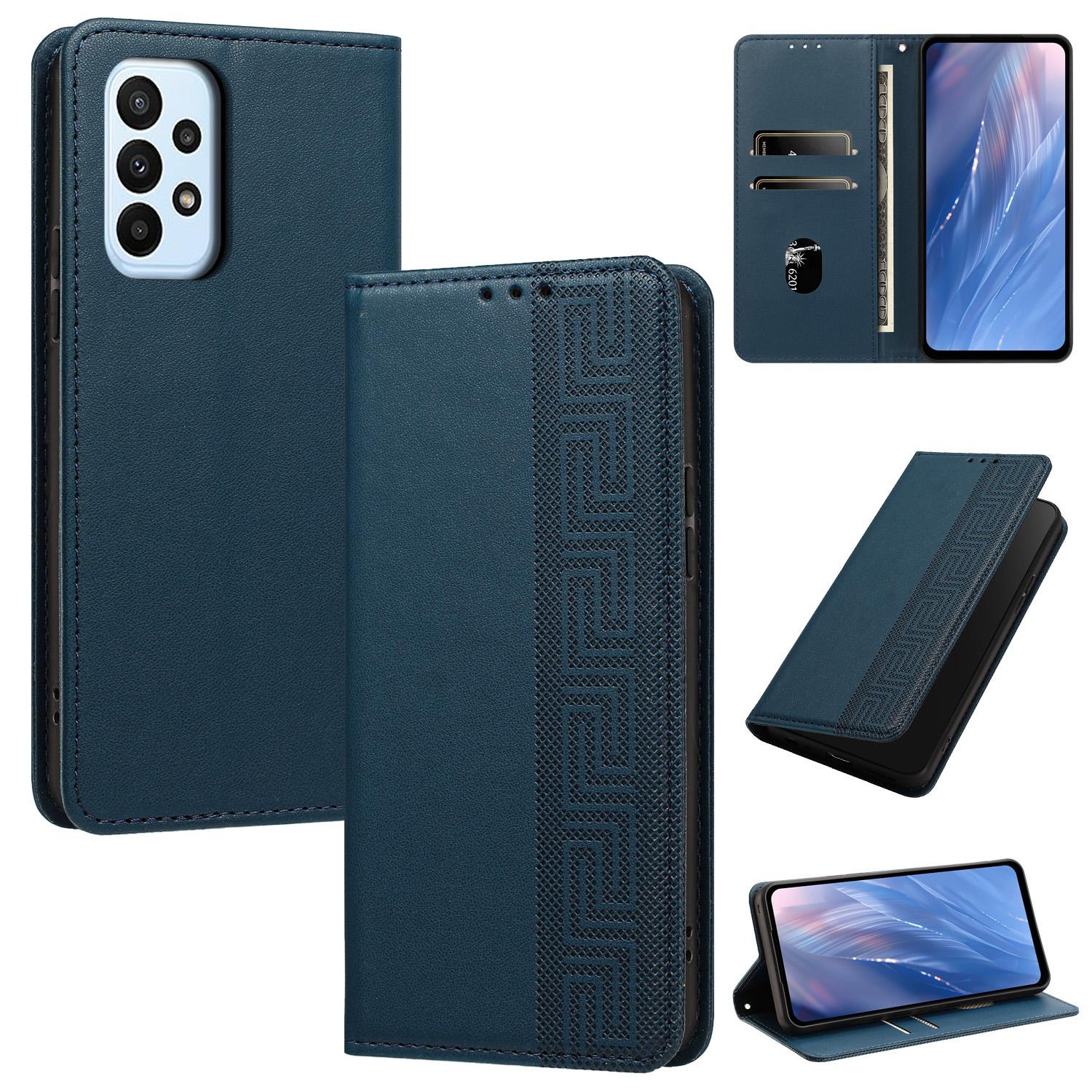 For Galaxy A33 5G Embossed Meander Pattern RFID Vegan Leather Phone Case(Dark Blue) - Shopkiz.com