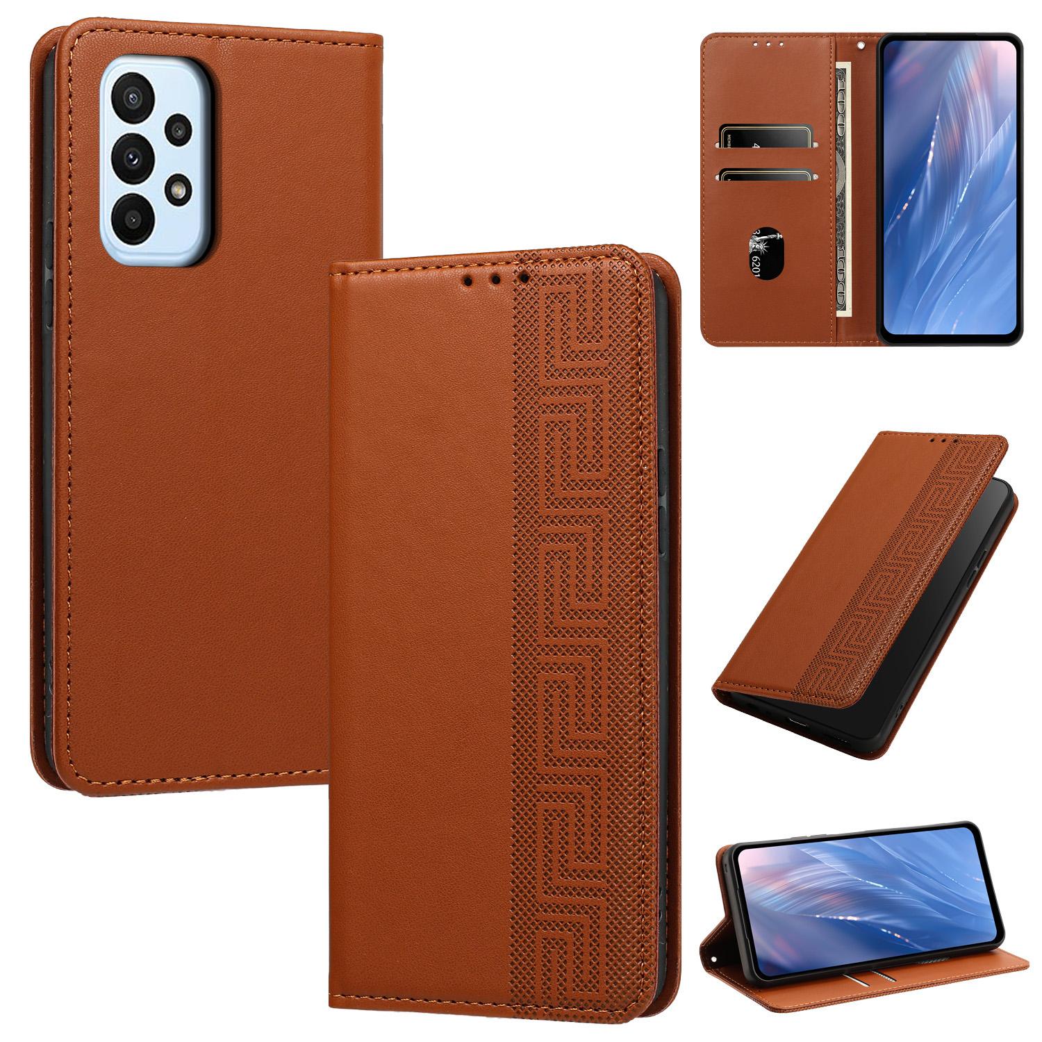 For Galaxy A33 5G Embossed Meander Pattern RFID Vegan Leather Phone Case(Brown) - Shopkiz.com