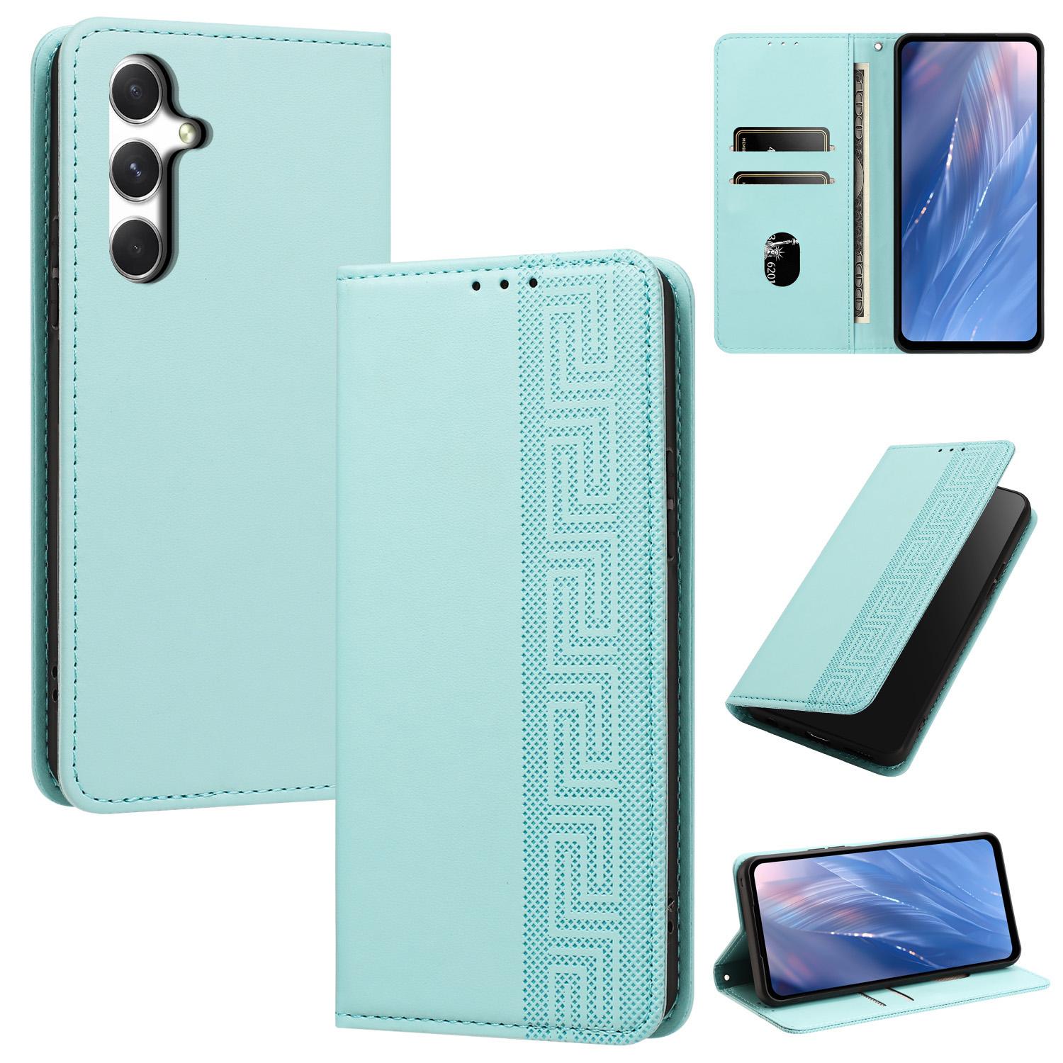 For Galaxy A34 5G Embossed Meander Pattern RFID Vegan Leather Phone Case(Mint Green) - Shopkiz.com