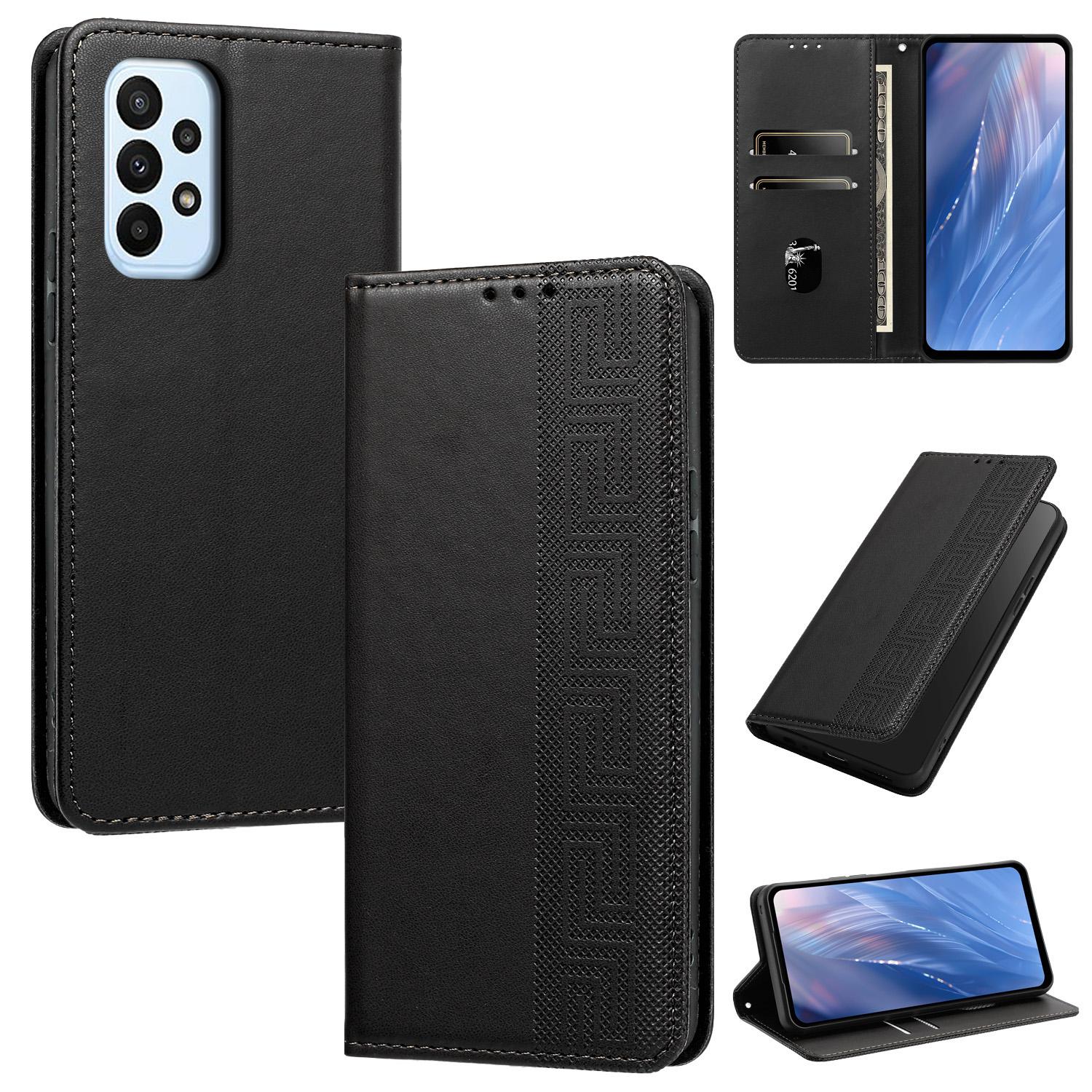 For Galaxy A53 5G Embossed Meander Pattern RFID Vegan Leather Phone Case(Black) - Shopkiz.com