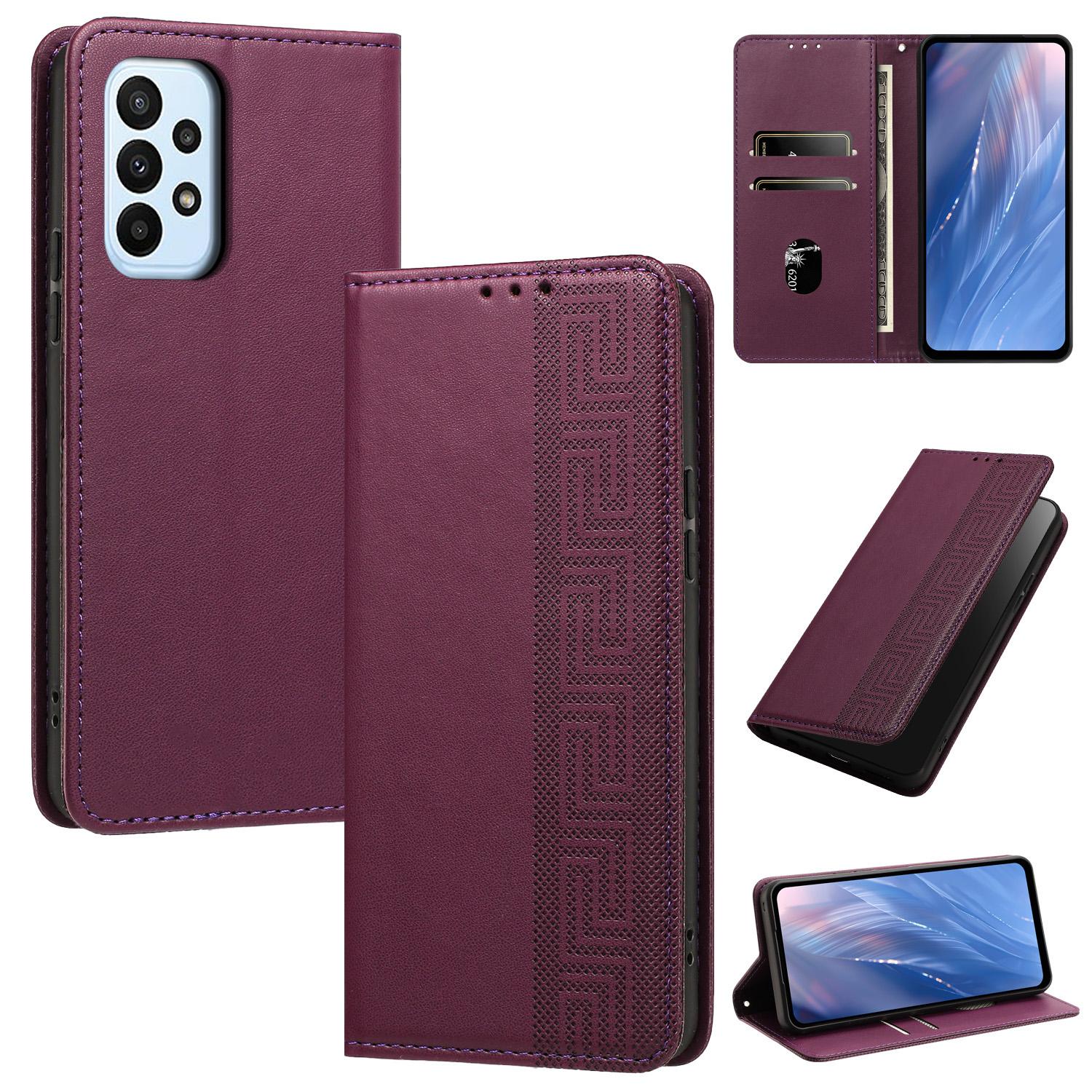 For Galaxy A73 5G Embossed Meander Pattern RFID Vegan Leather Phone Case(Dark Purple) - Shopkiz.com