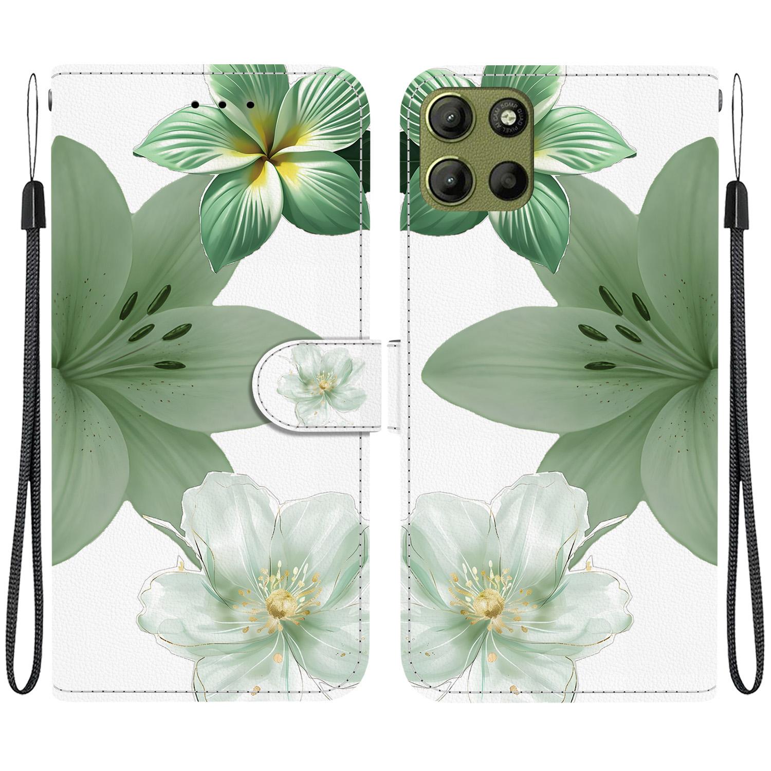 For Motorola Moto G17 4G / G15 / G15 Power Crystal-Texture Painted Vegan Leather Phone Case(Green Lily) - Shopkiz.com