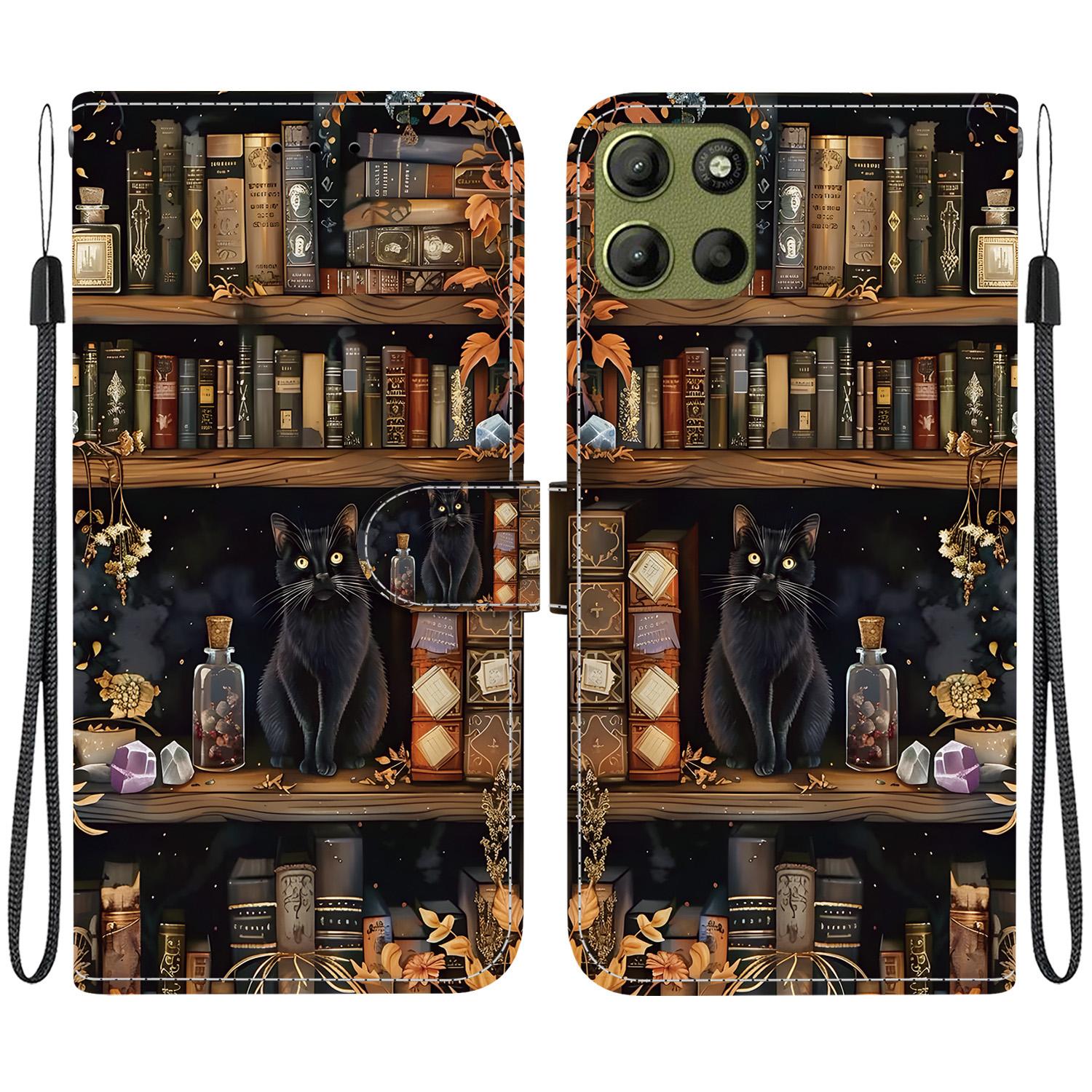 For Motorola Moto G17 4G / G15 / G15 Power Crystal-Texture Painted Vegan Leather Phone Case(Bookstore Black Cat) - Shopkiz.com
