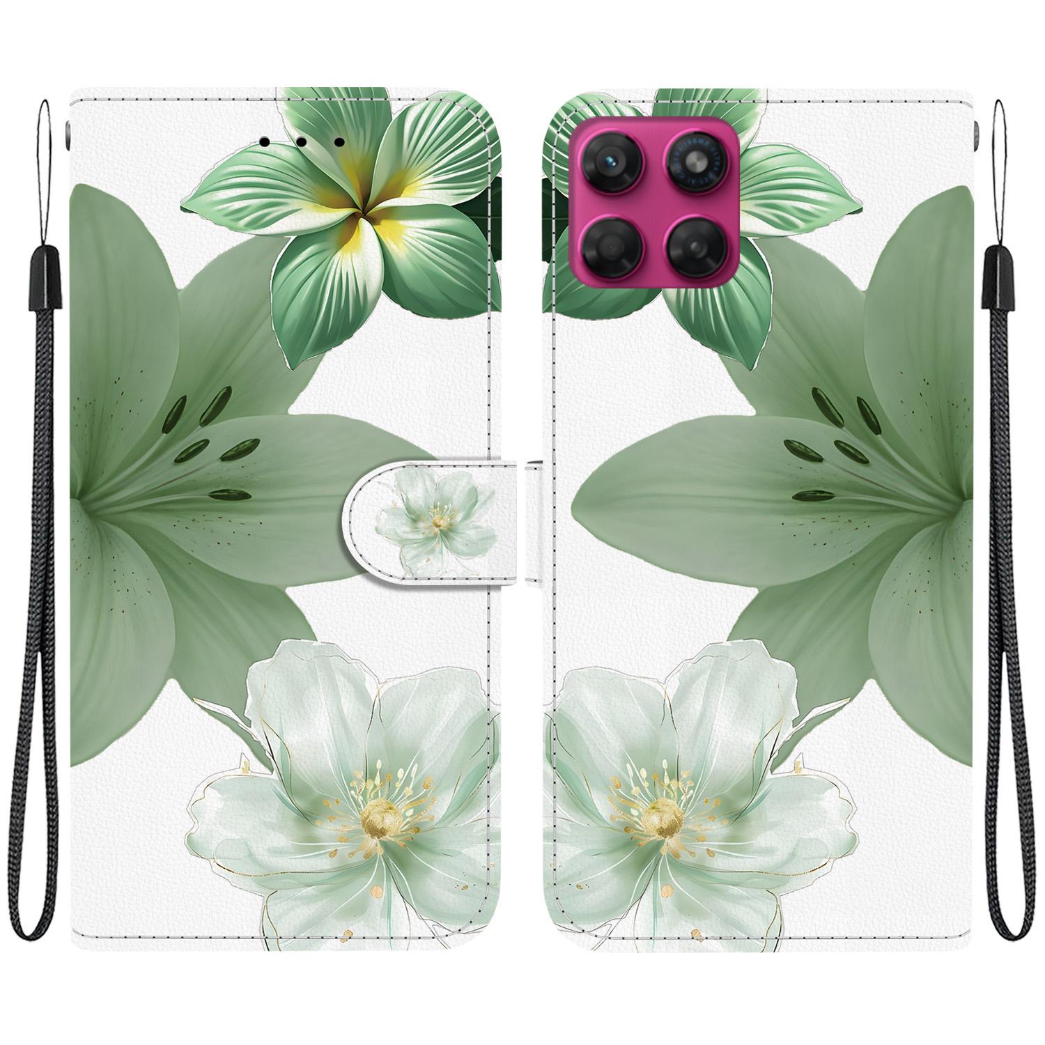 For Motorola Moto G47 / G37 Crystal-Texture Painted Vegan Leather Phone Case(Green Lily) - Shopkiz.com