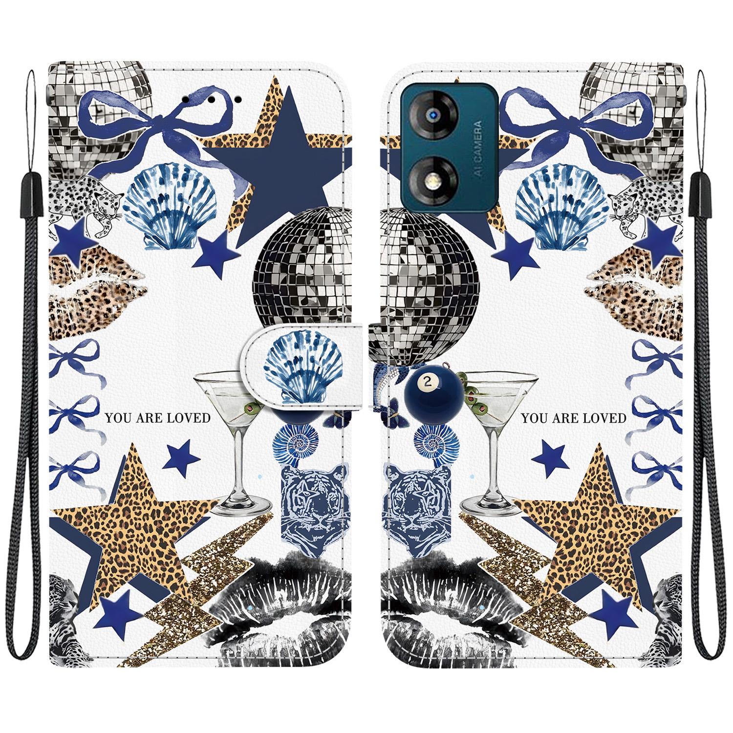 For Motorola Moto E13 Crystal-Texture Painted Vegan Leather Phone Case(Leopard Star Butterfly) - Shopkiz.com