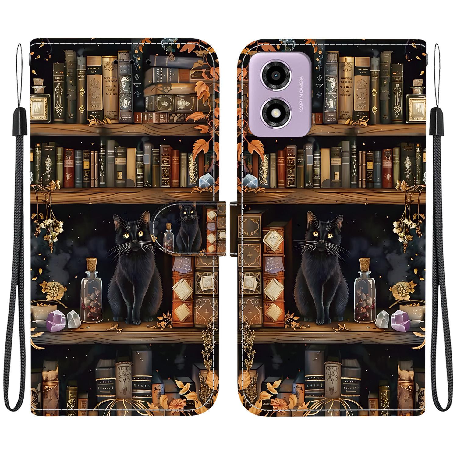 For Motorola Moto G04 / G24 / G04s Crystal-Texture Painted Vegan Leather Phone Case(Bookstore Black Cat) - Shopkiz.com