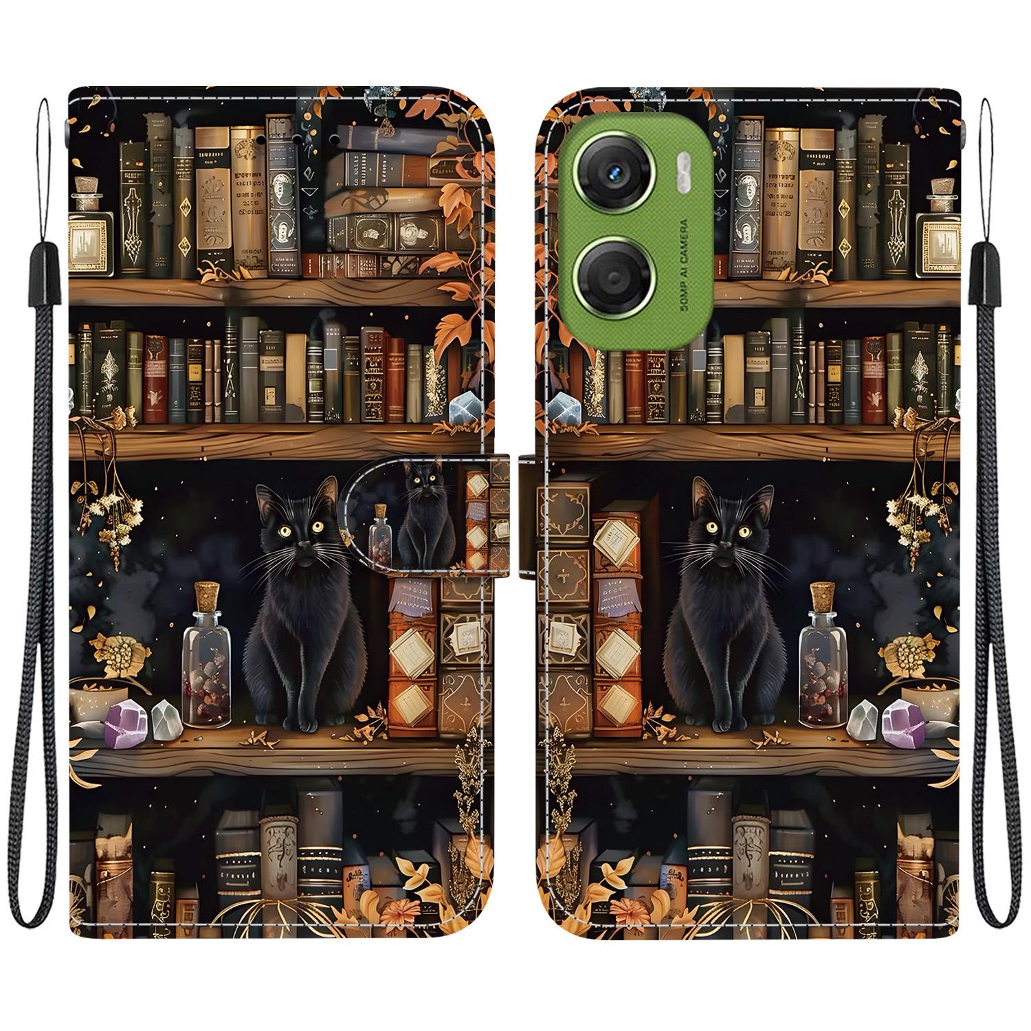 For Motorola Moto G06 4G / 5G Crystal-Texture Painted Vegan Leather Phone Case(Bookstore Black Cat) - Shopkiz.com