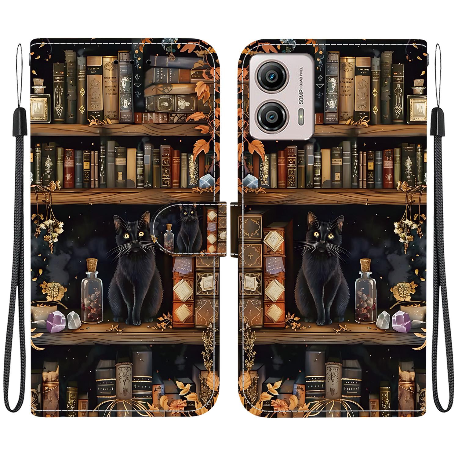 For Motorola Moto G13 / G23 / G53 Crystal-Texture Painted Vegan Leather Phone Case(Bookstore Black Cat) - Shopkiz.com