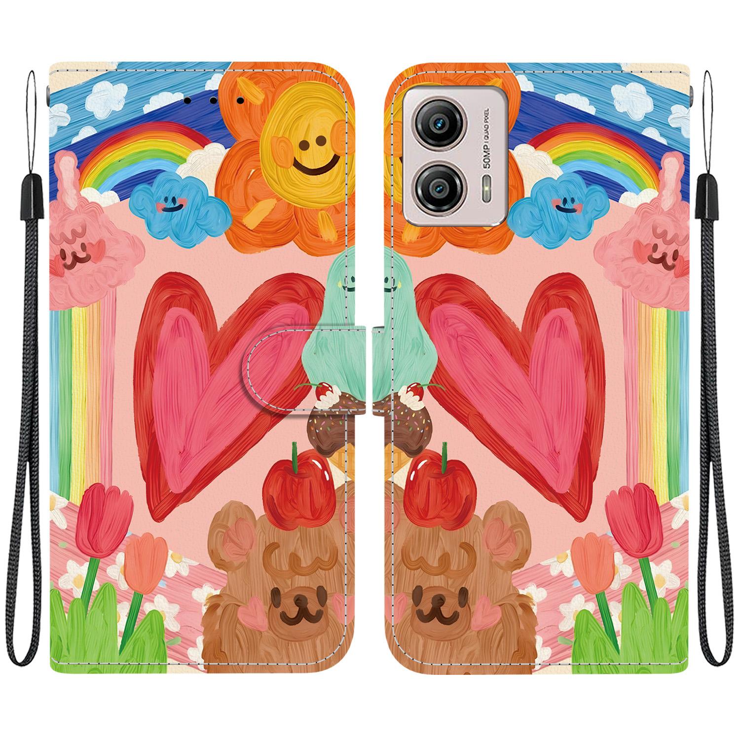 For Motorola Moto G13 / G23 / G53 Crystal-Texture Painted Vegan Leather Phone Case(Rainbow Sweetheart) - Shopkiz.com