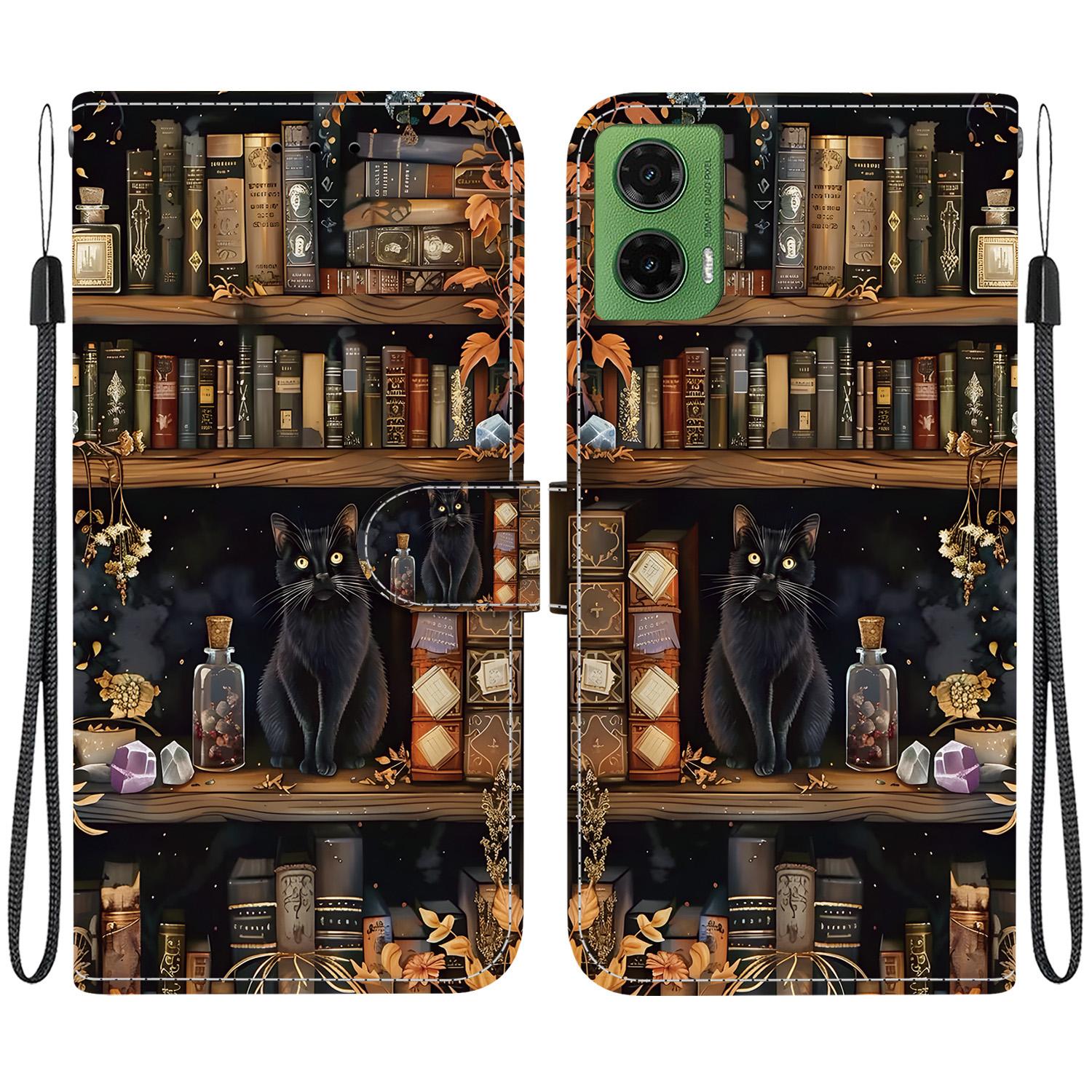 For Motorola Moto G35 Crystal-Texture Painted Vegan Leather Phone Case(Bookstore Black Cat) - Shopkiz.com