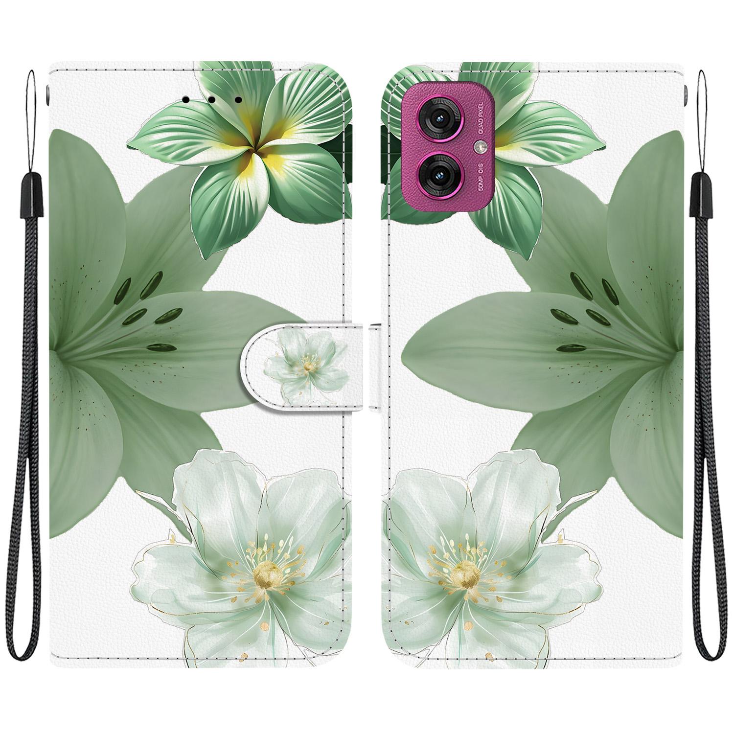For Motorola Moto G55 Crystal-Texture Painted Vegan Leather Phone Case(Green Lily) - Shopkiz.com