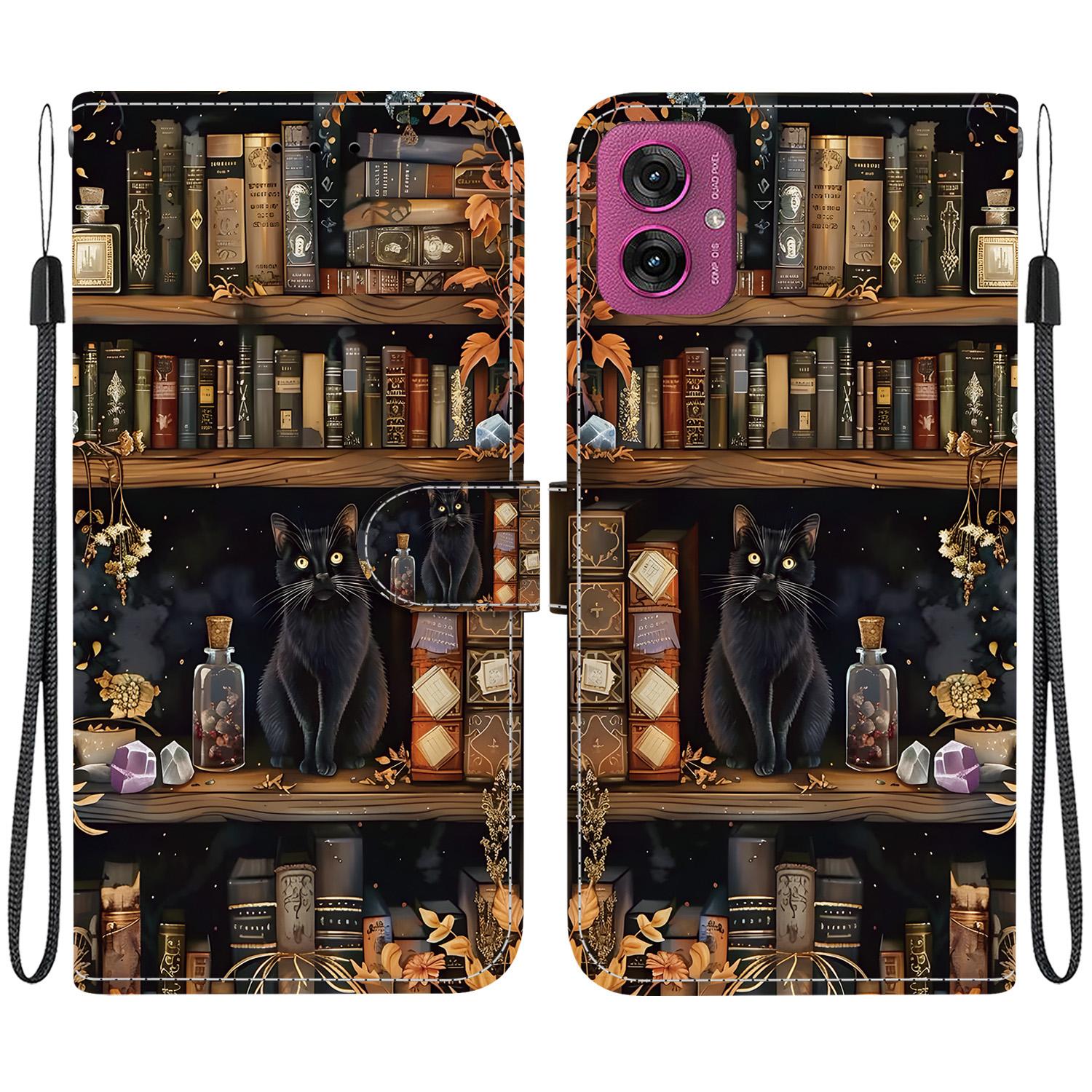For Motorola Moto G55 Crystal-Texture Painted Vegan Leather Phone Case(Bookstore Black Cat) - Shopkiz.com