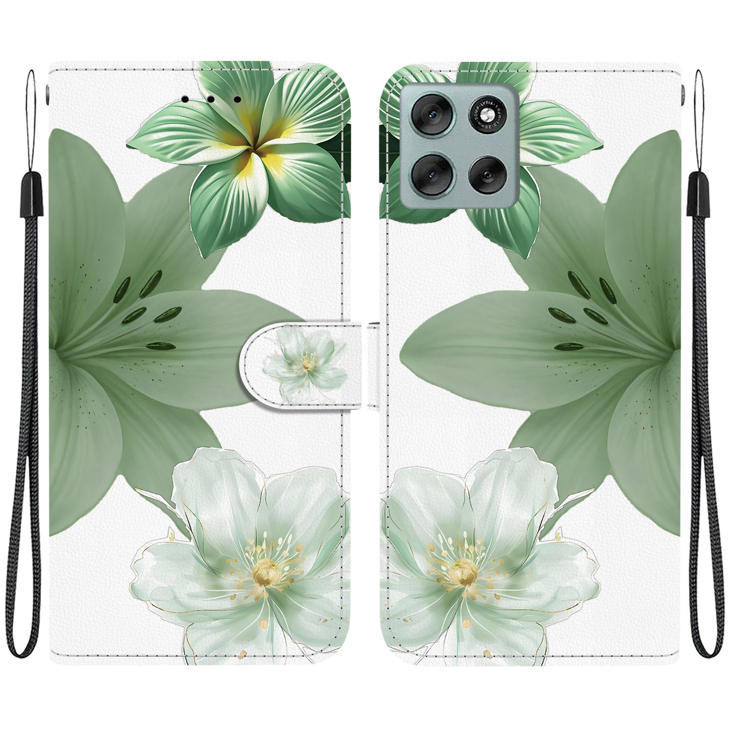 For Motorola Moto G56 / G66j Crystal-Texture Painted Vegan Leather Phone Case(Green Lily) - Shopkiz.com