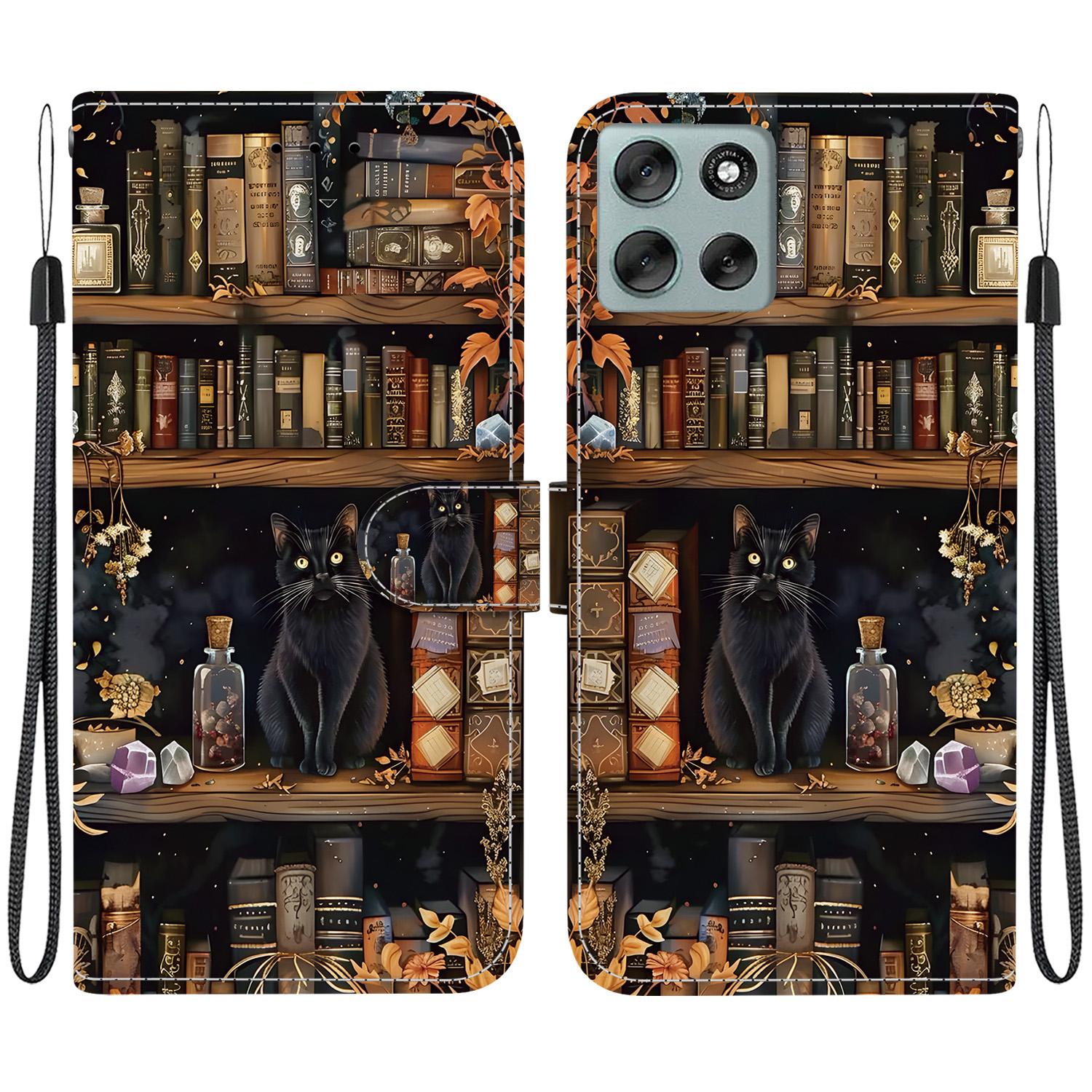 For Motorola Moto G56 / G66j Crystal-Texture Painted Vegan Leather Phone Case(Bookstore Black Cat) - Shopkiz.com