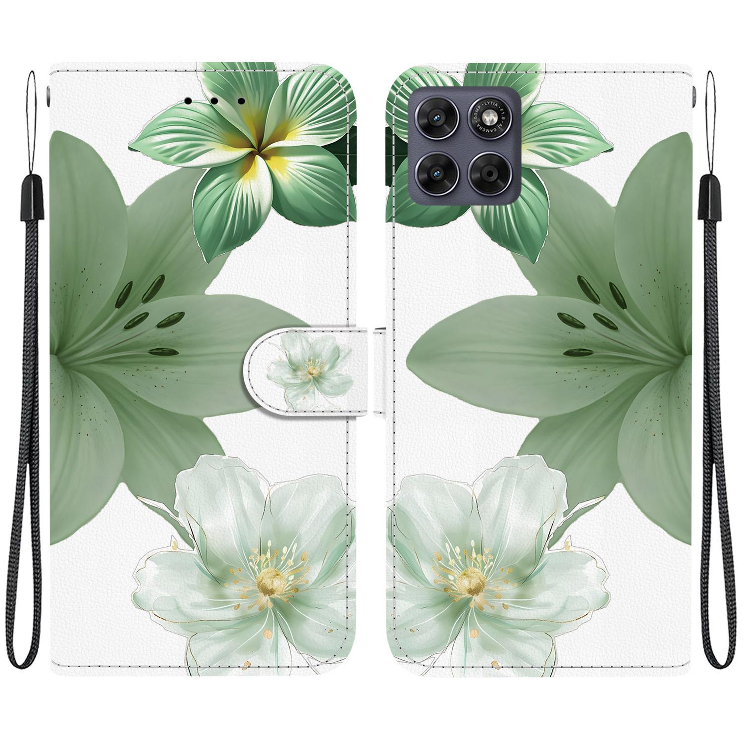 For Motorola Moto G Max / G87 / G77 / G67 Crystal-Texture Painted Vegan Leather Phone Case(Green Lily) - Shopkiz.com