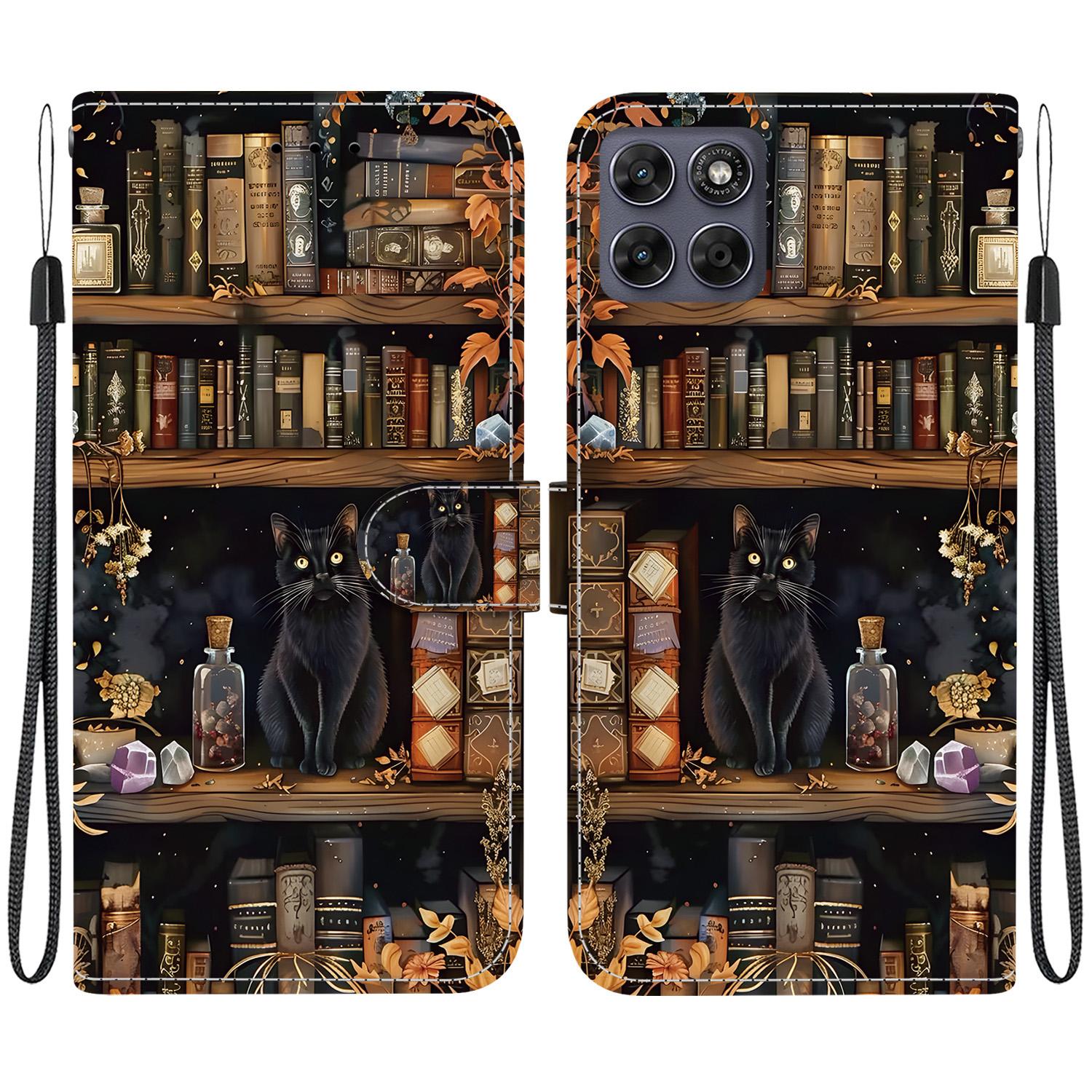 For Motorola Moto G Max / G87 / G77 / G67 Crystal-Texture Painted Vegan Leather Phone Case(Bookstore Black Cat) - Shopkiz.com