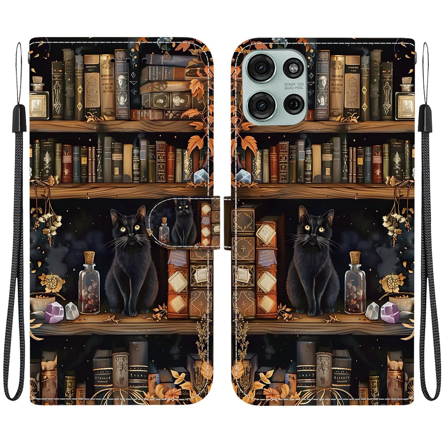 For Motorola Moto G75 5G Crystal-Texture Painted Vegan Leather Phone Case(Bookstore Black Cat) - Shopkiz.com