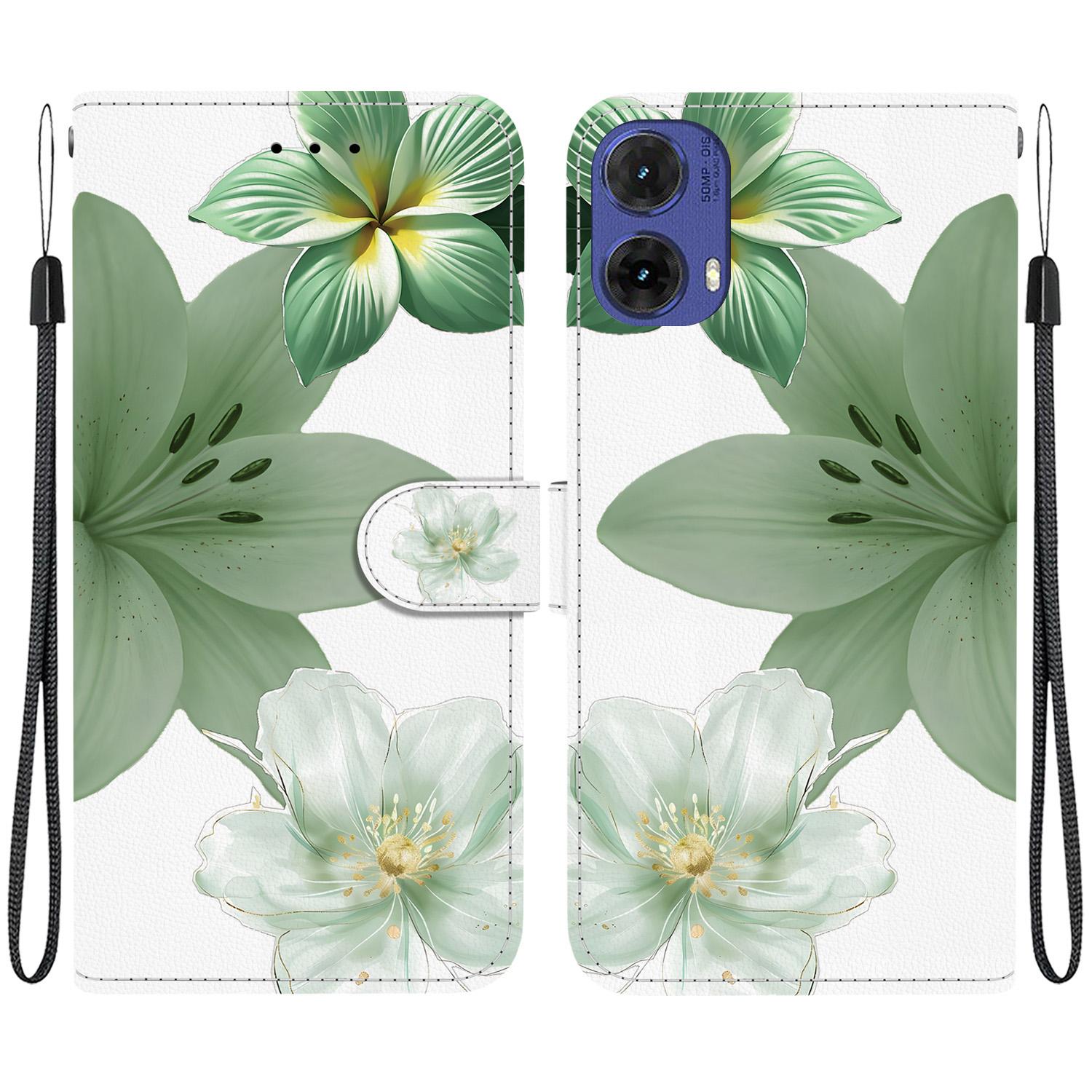 For Motorola Moto G85 / S50 Neo Crystal-Texture Painted Vegan Leather Phone Case(Green Lily) - Shopkiz.com