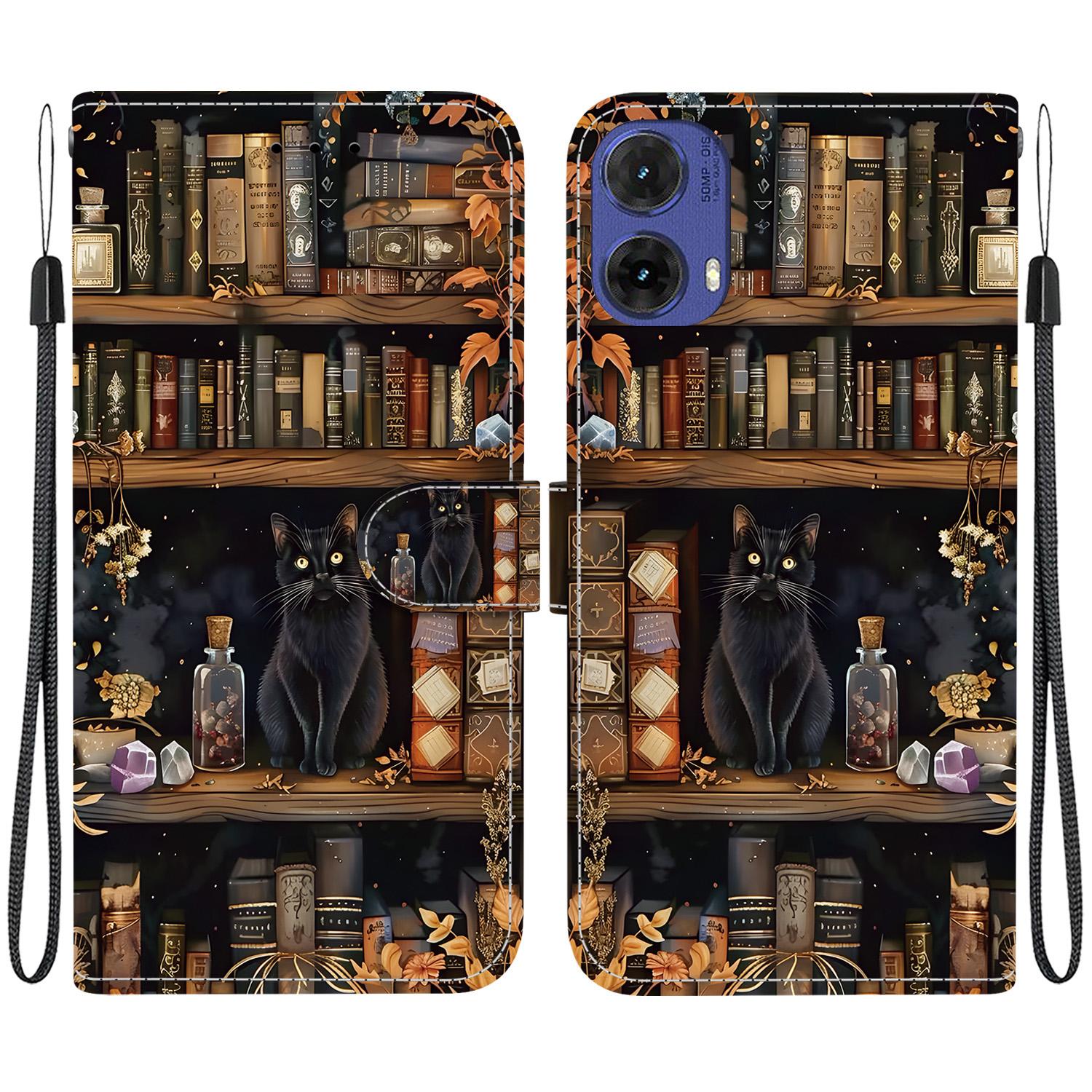 For Motorola Moto G85 / S50 Neo Crystal-Texture Painted Vegan Leather Phone Case(Bookstore Black Cat) - Shopkiz.com
