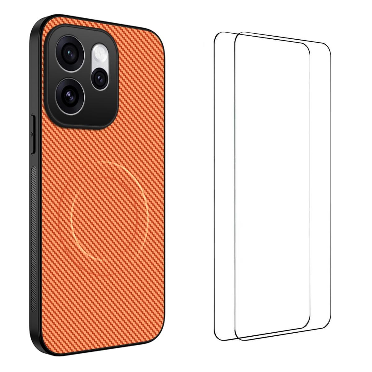 For OPPO Reno16 5G Global WANLONFENG TQ1 Series Magnetic Carbon Fiber Texture Phone Case with 2pcs Screen Films(Orange) - Shopkiz.com