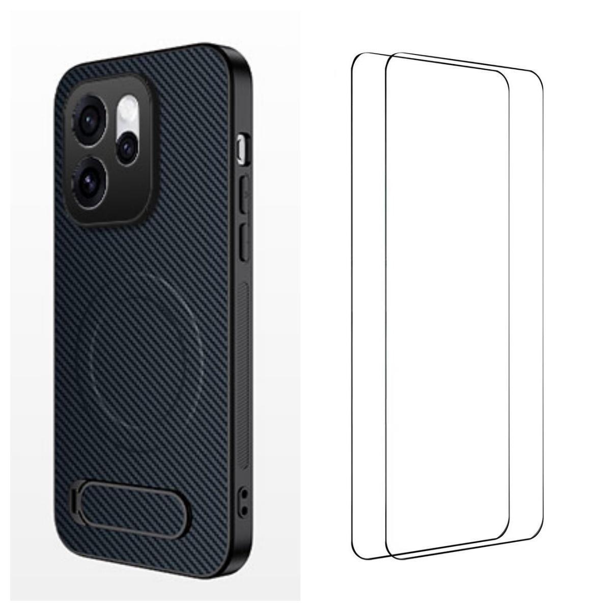 For OPPO Reno16 5G Global WANLONFENG Kickstand Carbon Fiber Texture Magnetic Phone Case with 2pcs Screen Films(Sapphire Blue) - Shopkiz.com