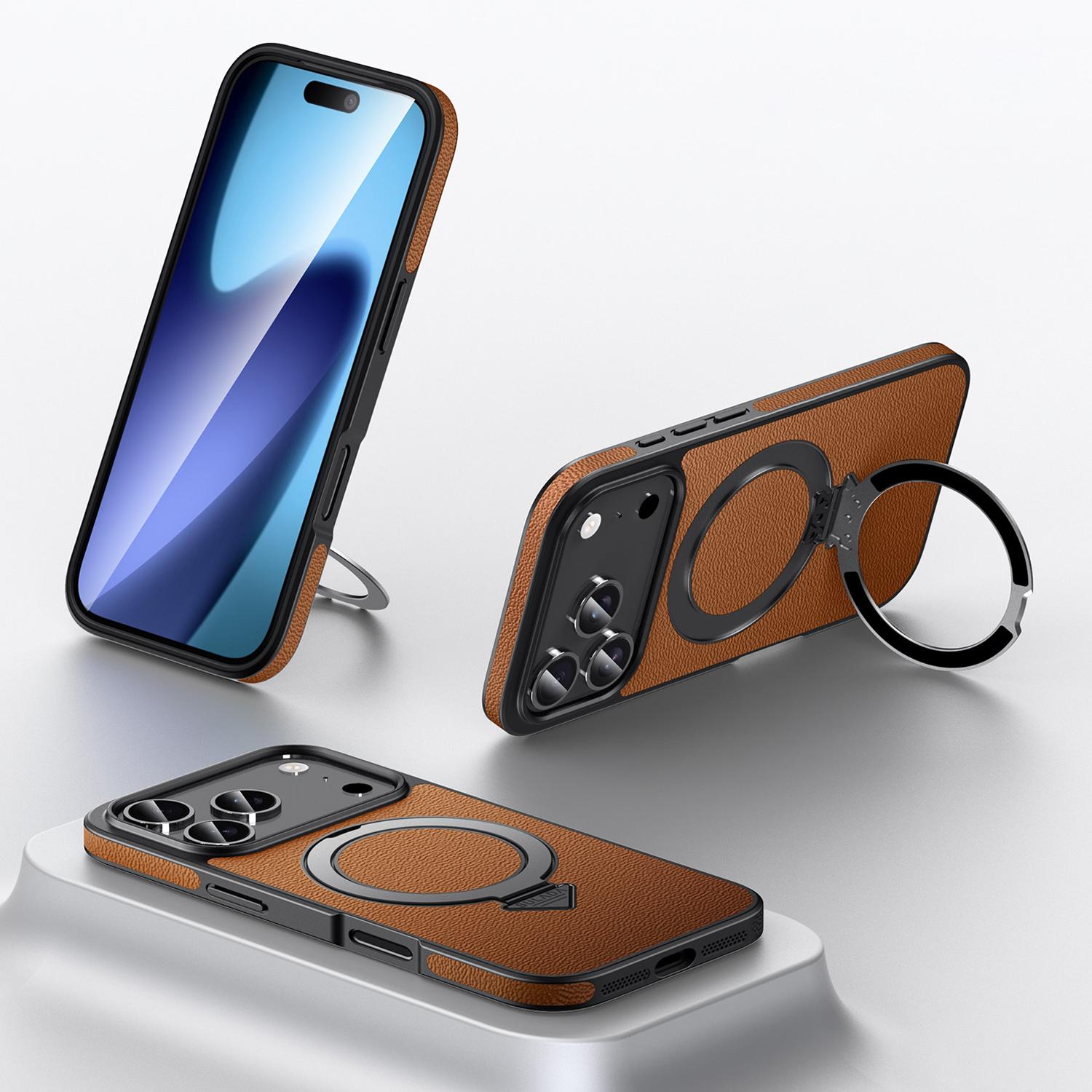 For iPhone 18 Pro Max SULADA Top Grain Leather MagSafe Magnetic Holder Phone Case(Brown)