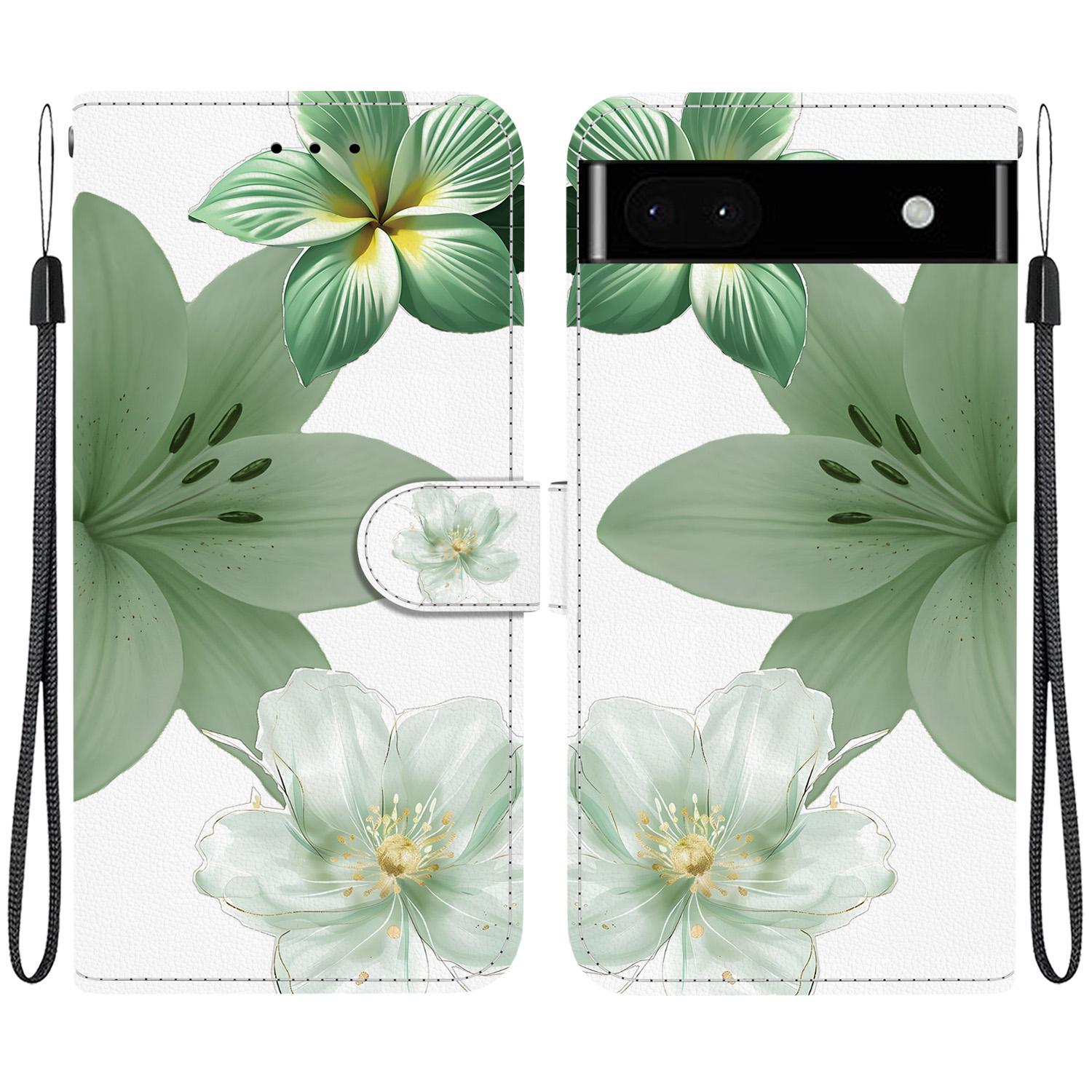 For Google Pixel 6a Crystal-Texture Painted Vegan Leather Phone Case(Green Lily)