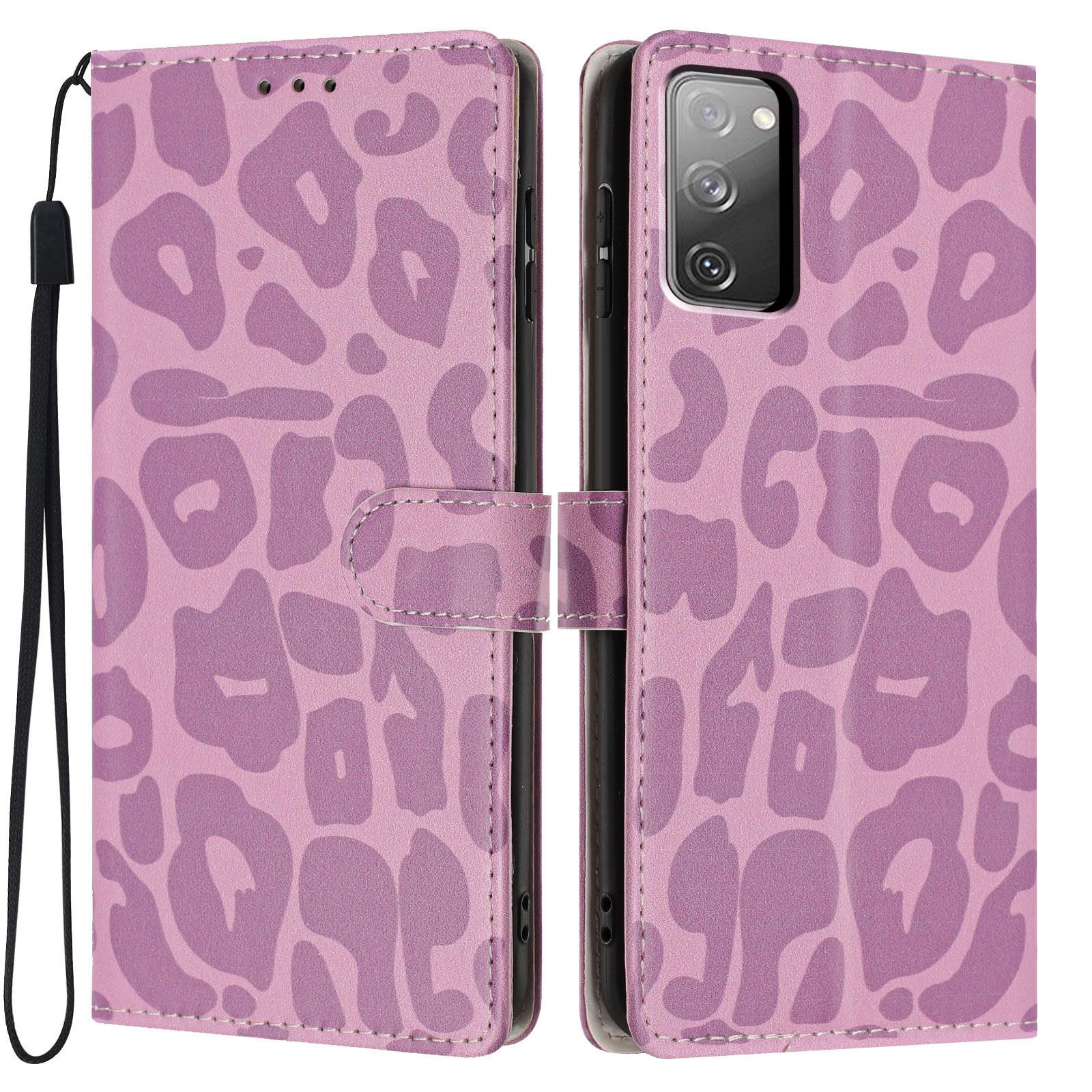 For Galaxy S20 FE 5G Leopard Print Wallet Vegan Leather Phone Case with Lanyard(Light Purple) - Shopkiz.com