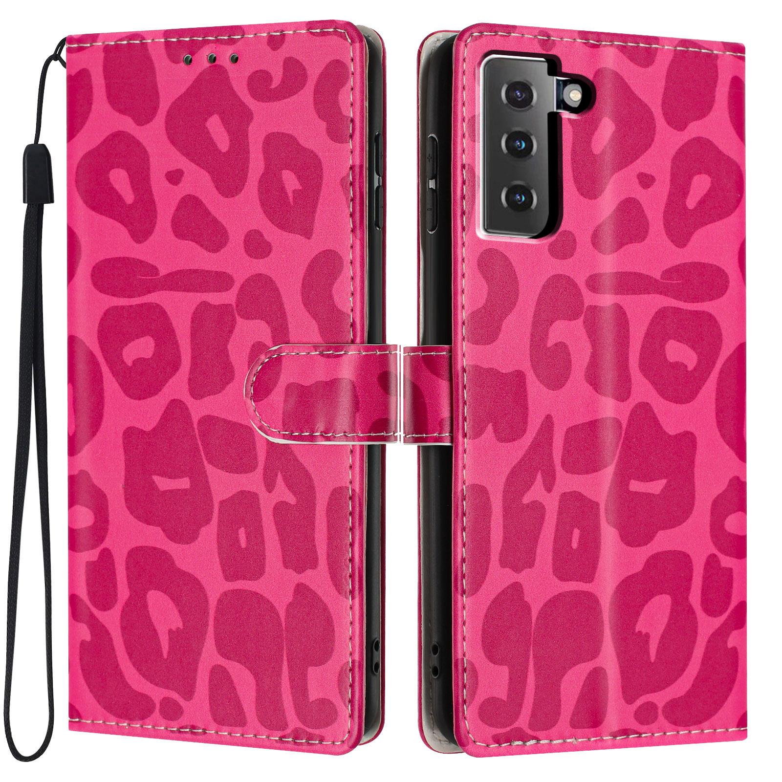 For Galaxy S21 5G Leopard Print Wallet Vegan Leather Phone Case with Lanyard(Rose Red) - Shopkiz.com
