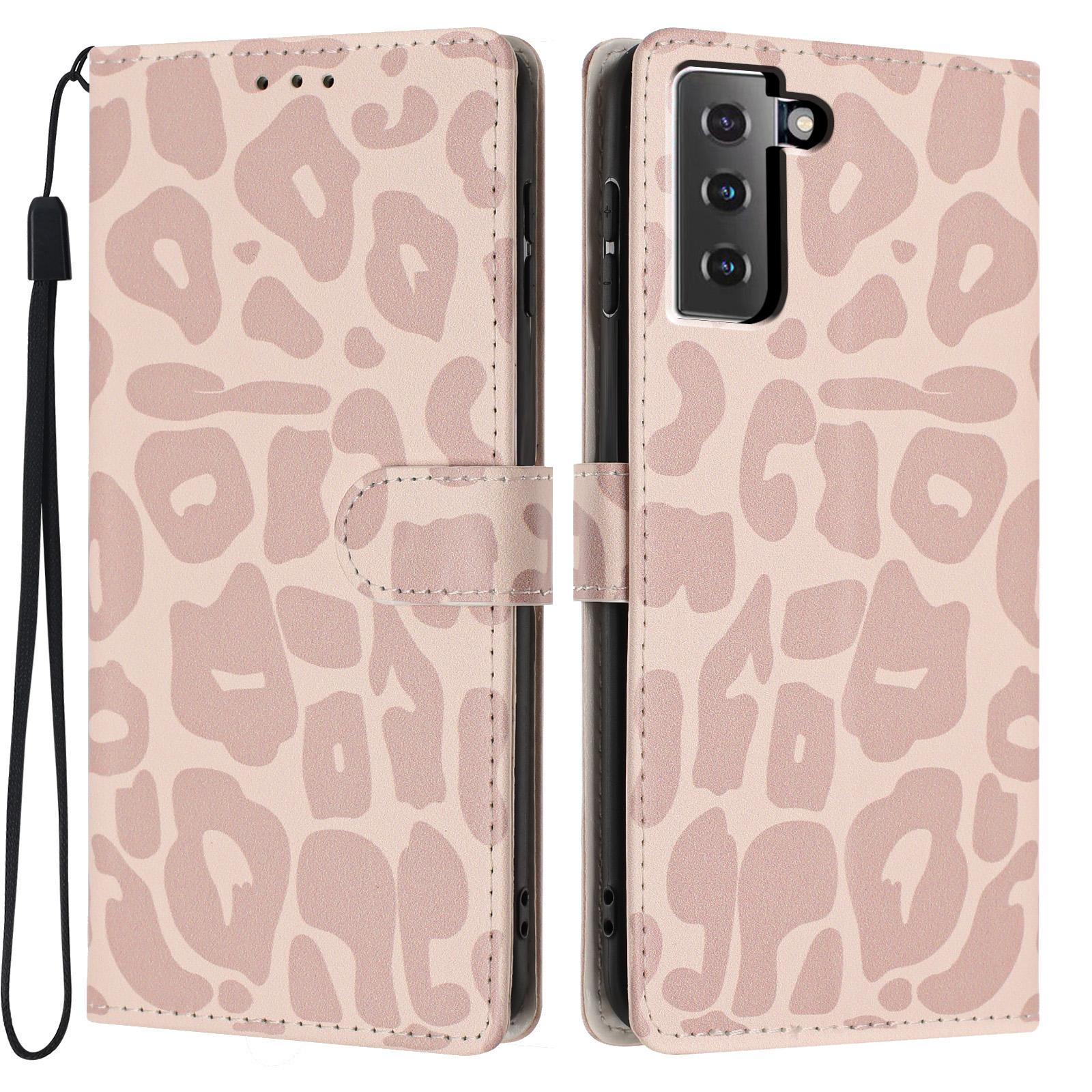 For Galaxy S21 5G Leopard Print Wallet Vegan Leather Phone Case with Lanyard(Pink) - Shopkiz.com