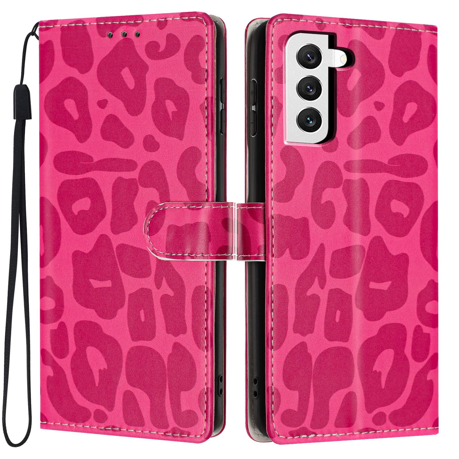 For Galaxy S21 FE 5G Leopard Print Wallet Vegan Leather Phone Case with Lanyard(Rose Red) - Shopkiz.com