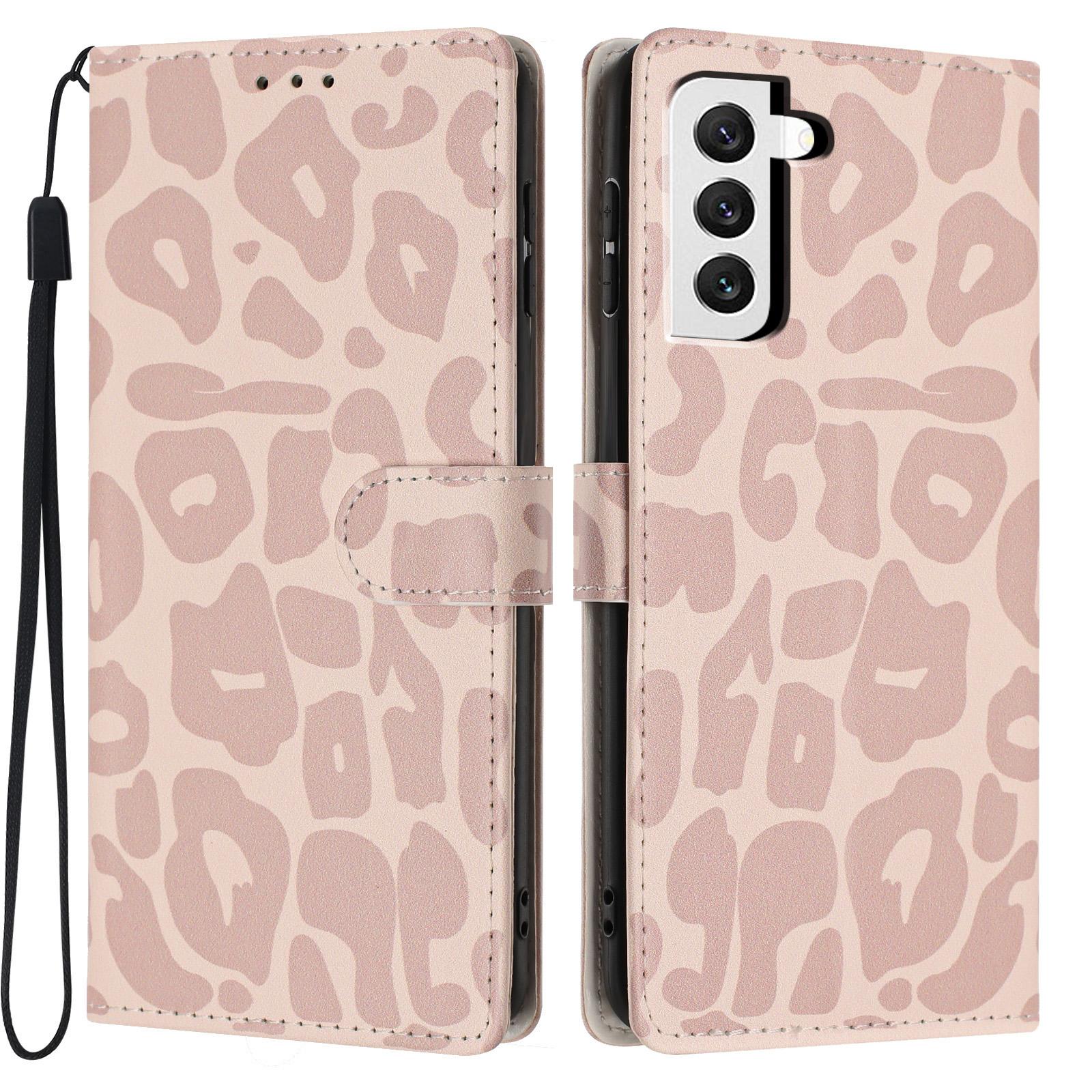 For Galaxy S21 FE 5G Leopard Print Wallet Vegan Leather Phone Case with Lanyard(Pink) - Shopkiz.com
