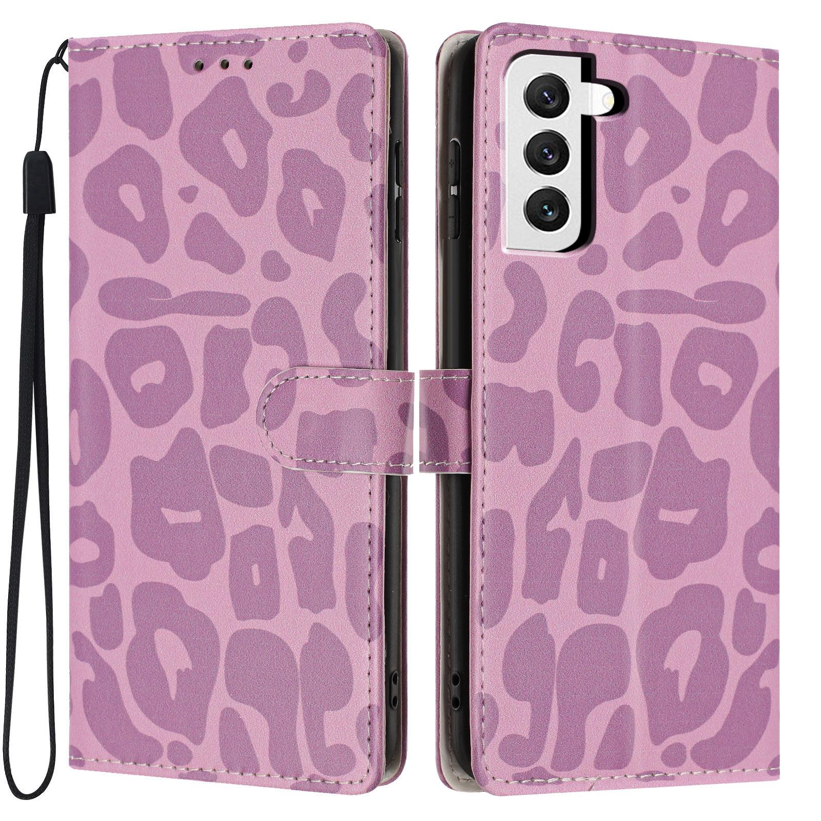For Galaxy S21 FE 5G Leopard Print Wallet Vegan Leather Phone Case with Lanyard(Light Purple) - Shopkiz.com