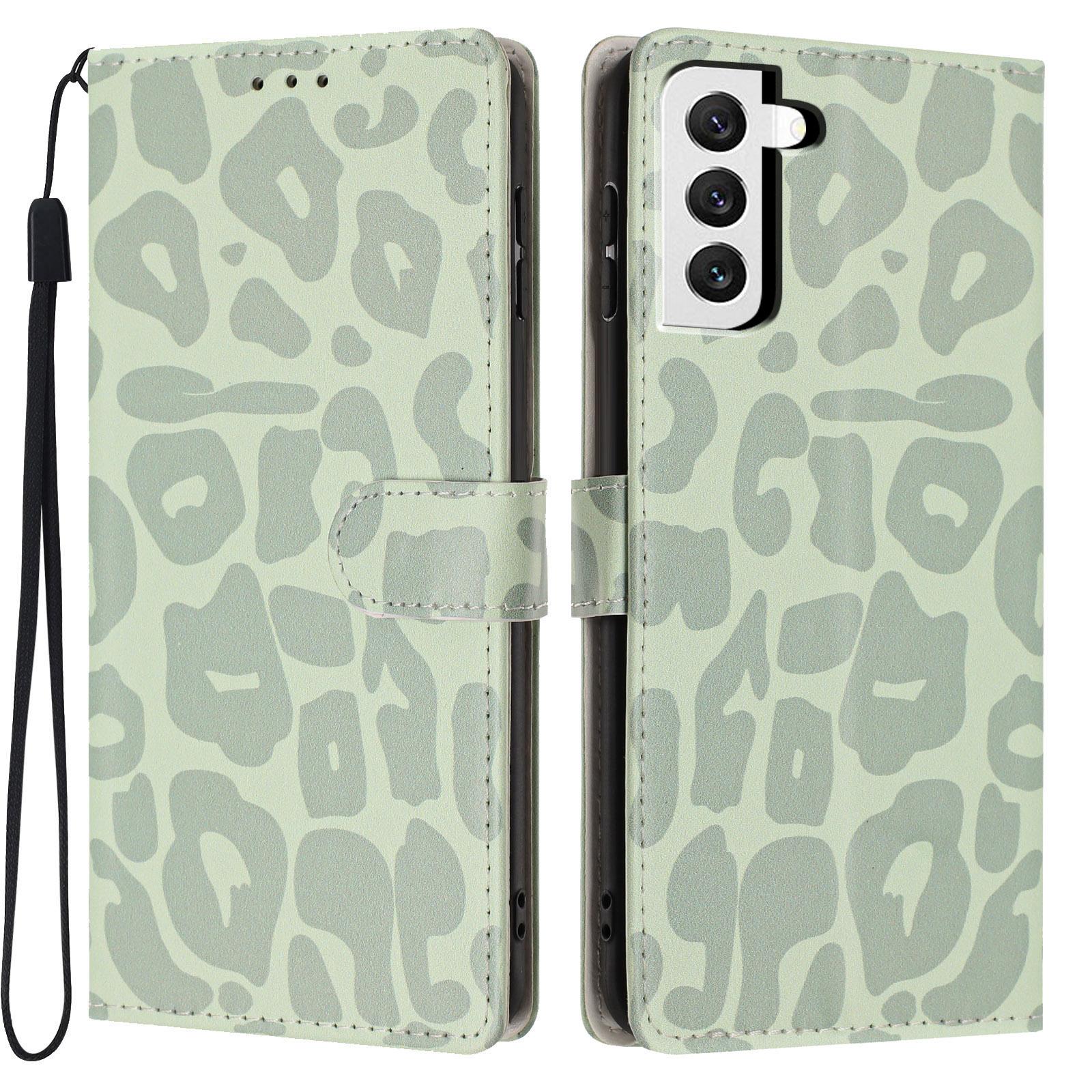 For Galaxy S21 FE 5G Leopard Print Wallet Vegan Leather Phone Case with Lanyard(Light Green) - Shopkiz.com