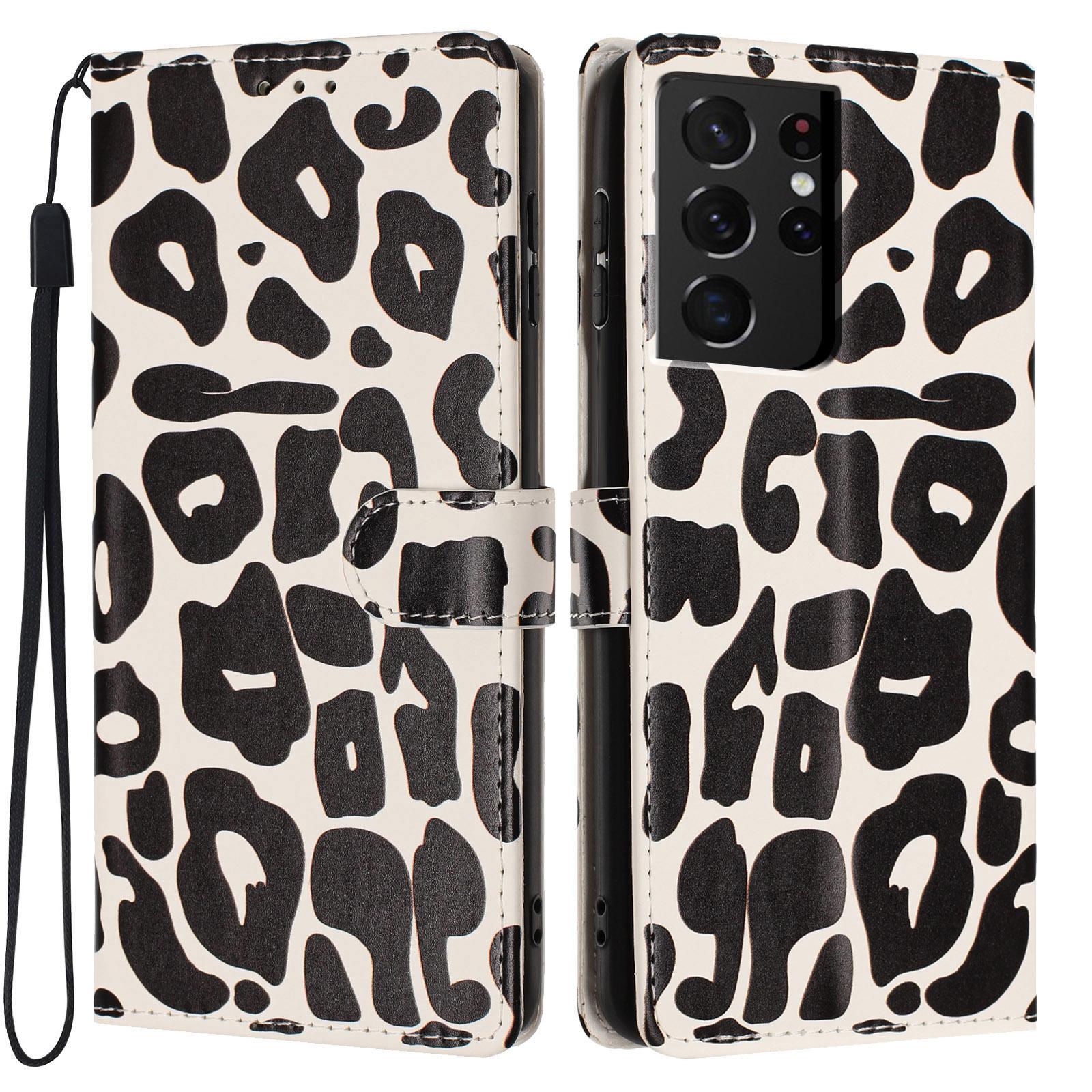 For Galaxy S21 Ultra 5G Leopard Print Wallet Vegan Leather Phone Case with Lanyard(Black) - Shopkiz.com